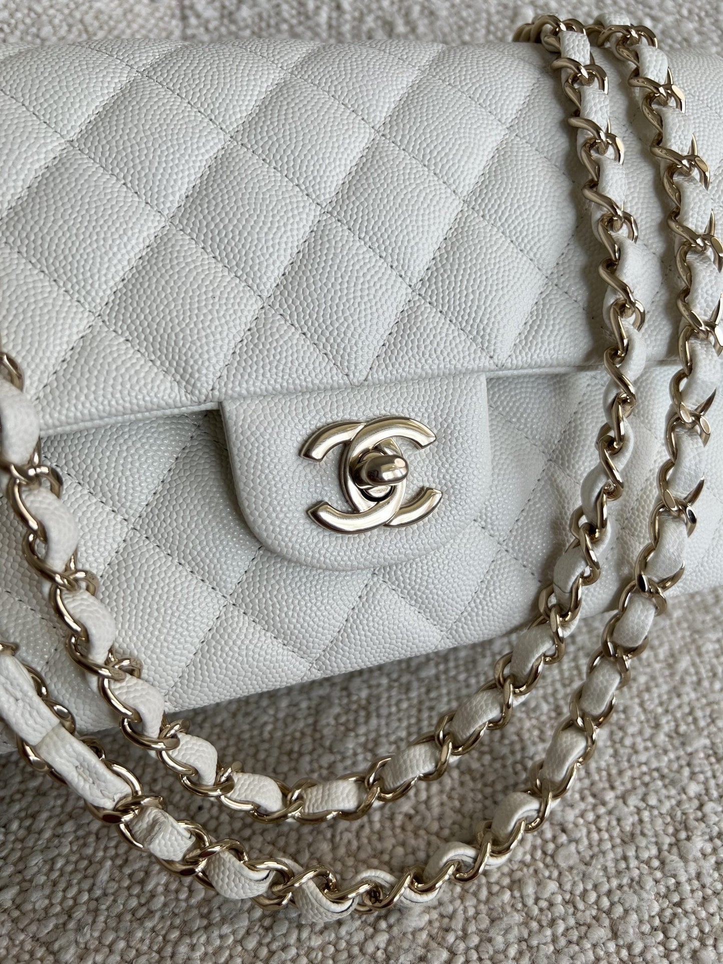 21A White Caviar Quilted Classic Flap Medium LGHW