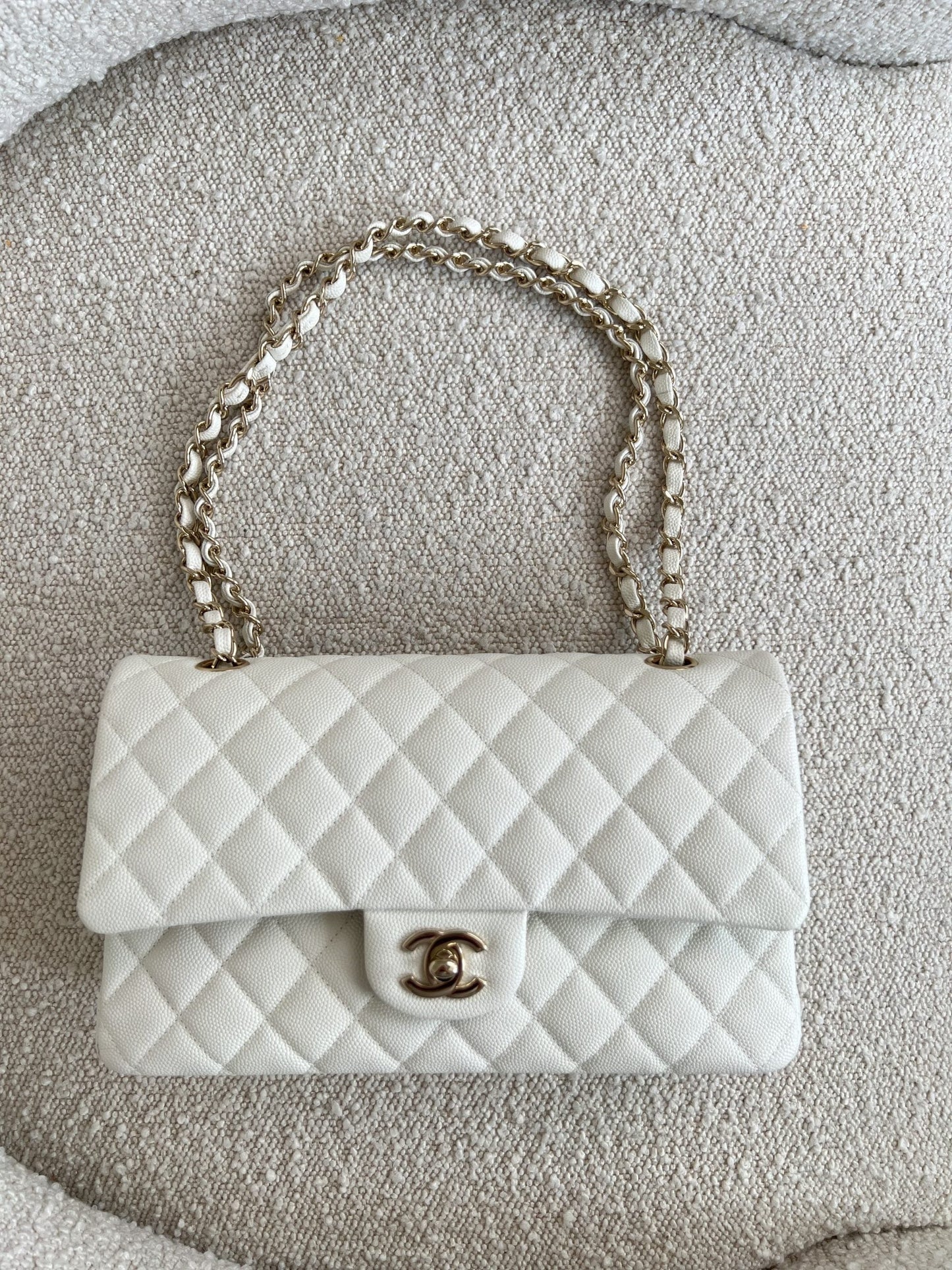 21A White Caviar Quilted Classic Flap Medium LGHW