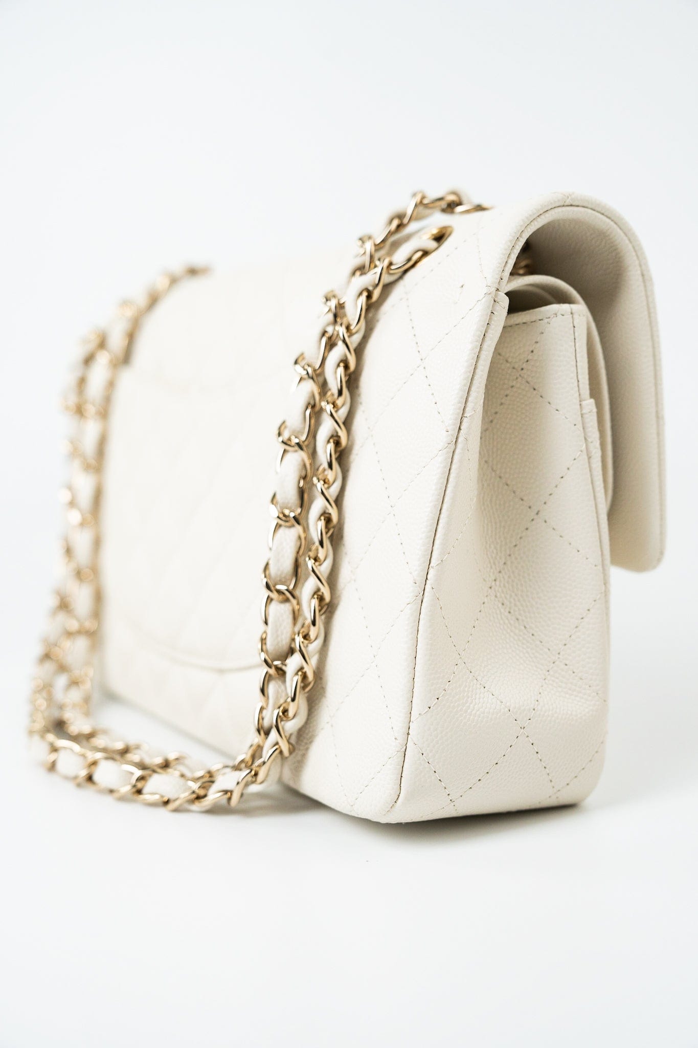 21A White/ Ivory Caviar Quilted Classic Flap Medium Light Gold Hardware