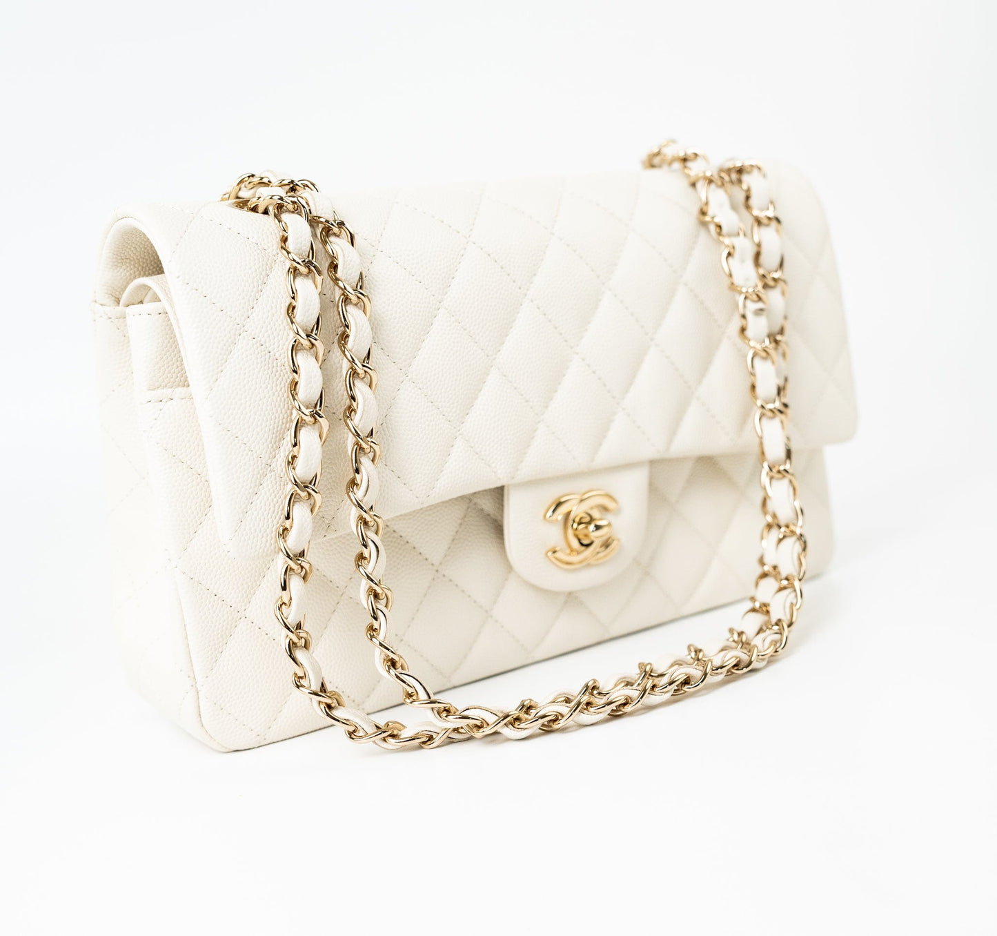 21A White/ Ivory Caviar Quilted Classic Flap Medium Light Gold Hardware
