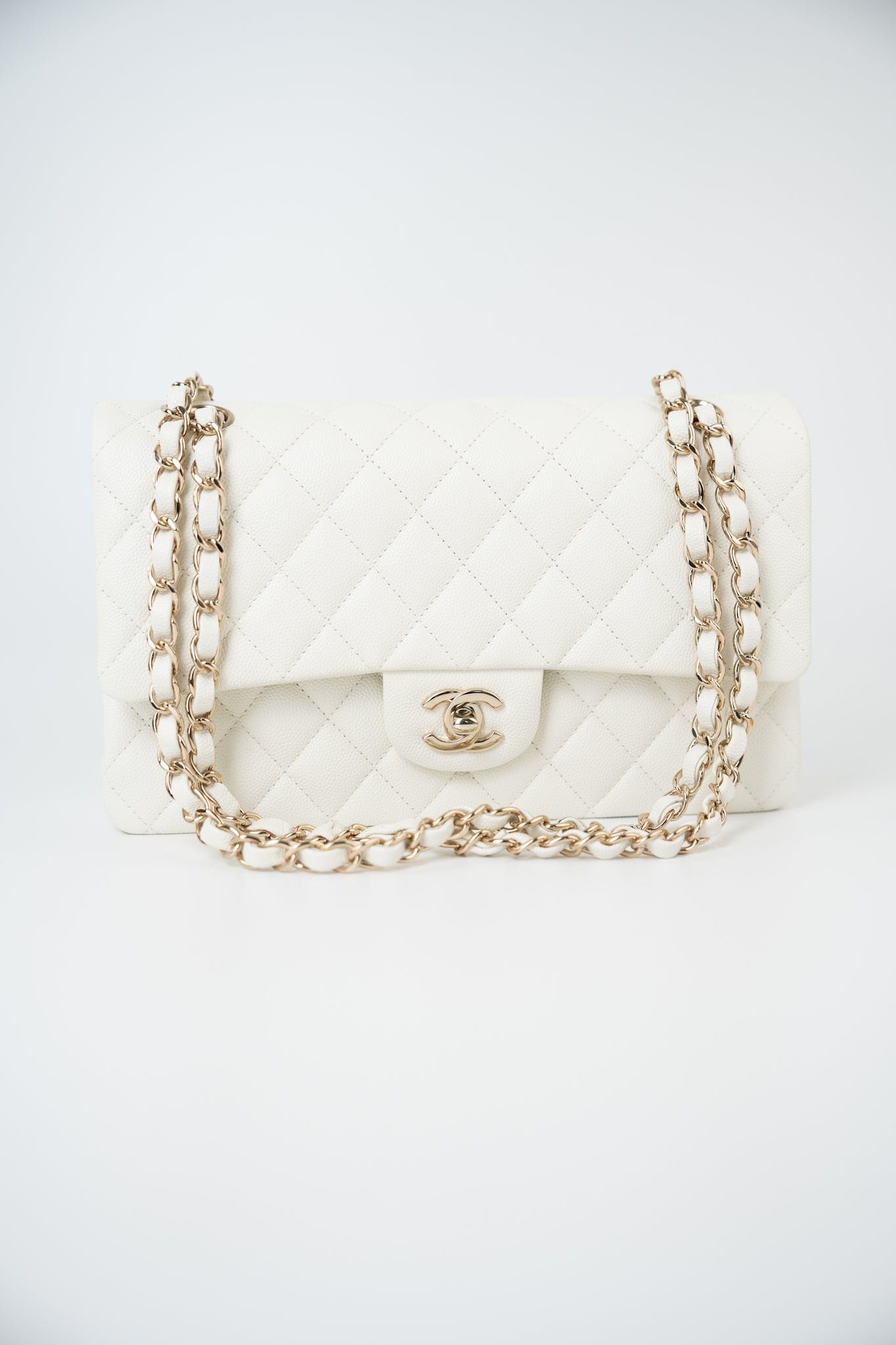 21A White/ Ivory Caviar Quilted Classic Flap Medium Light Gold Hardware