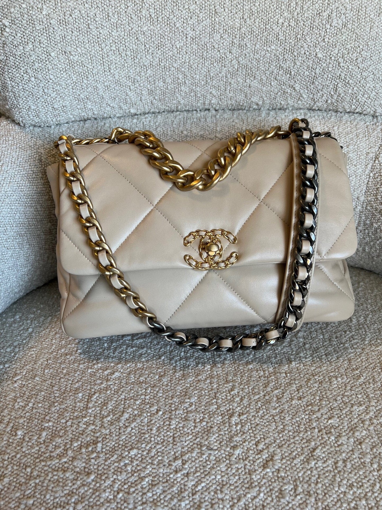 21B Beige Lambskin Quilted 19 Flap Medium/Large Mixed Hardware