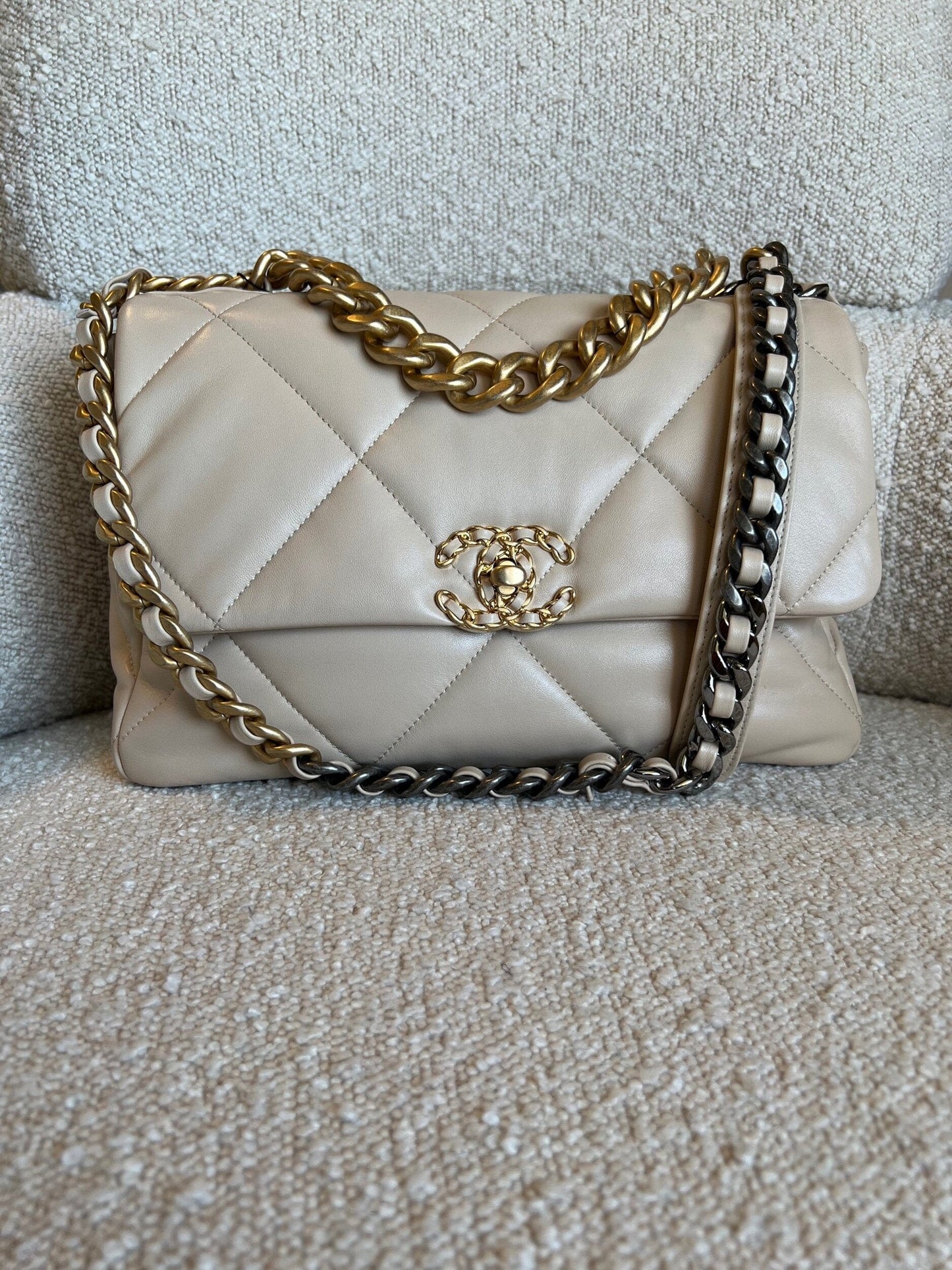21B Beige Lambskin Quilted 19 Flap Medium/Large Mixed Hardware