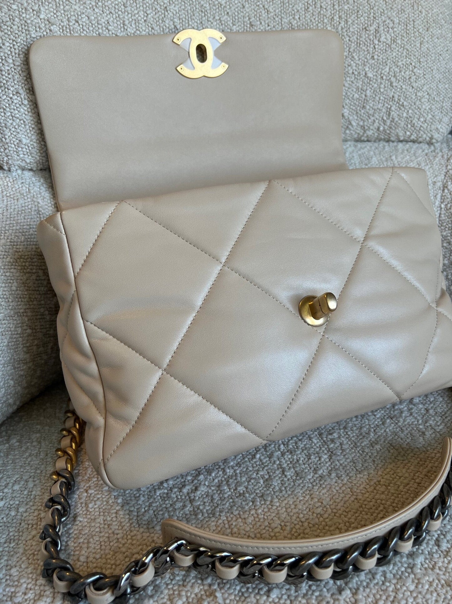 21B Beige Lambskin Quilted 19 Flap Medium/Large Mixed Hardware