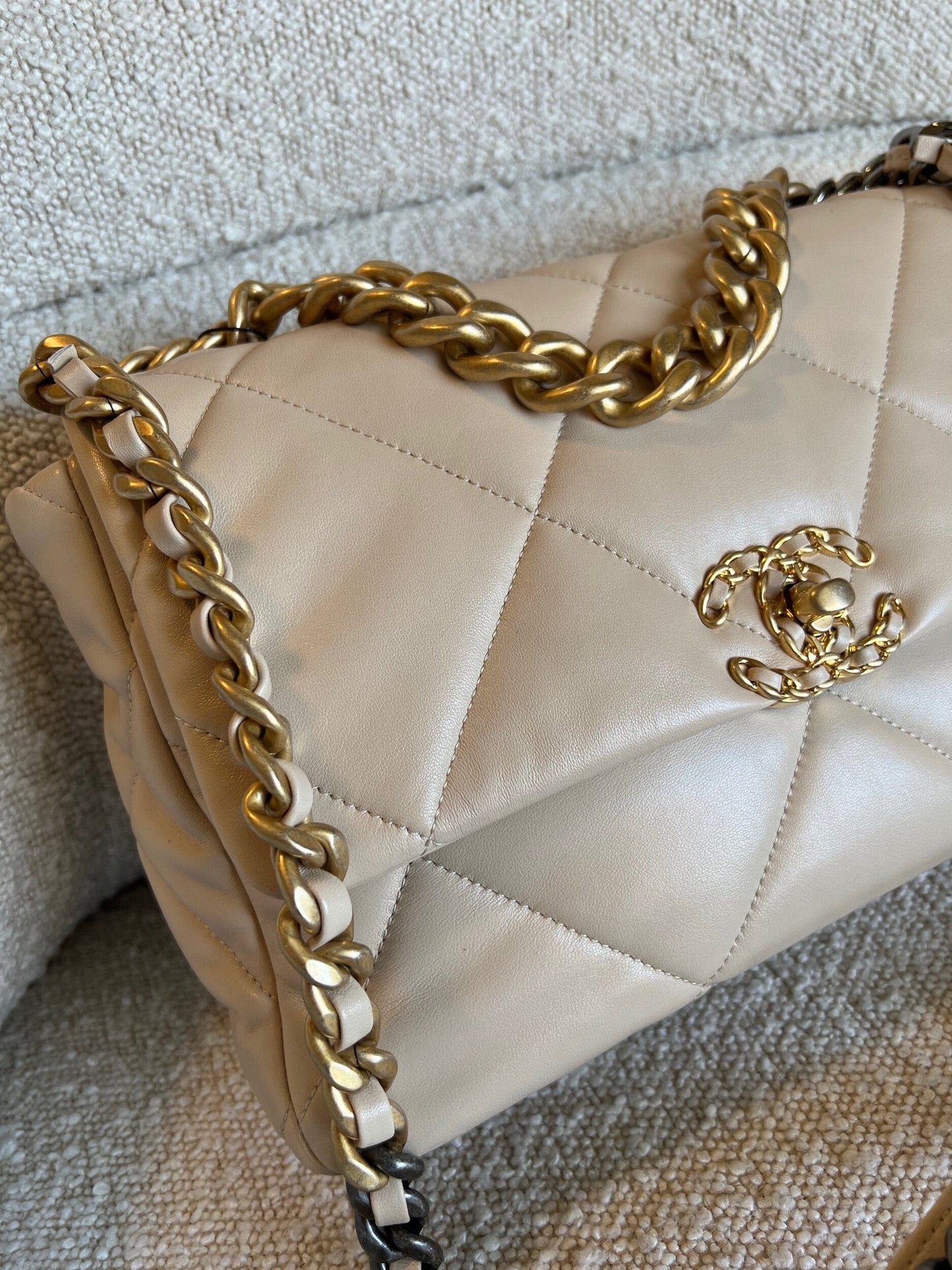 21B Beige Lambskin Quilted 19 Flap Medium/Large Mixed Hardware