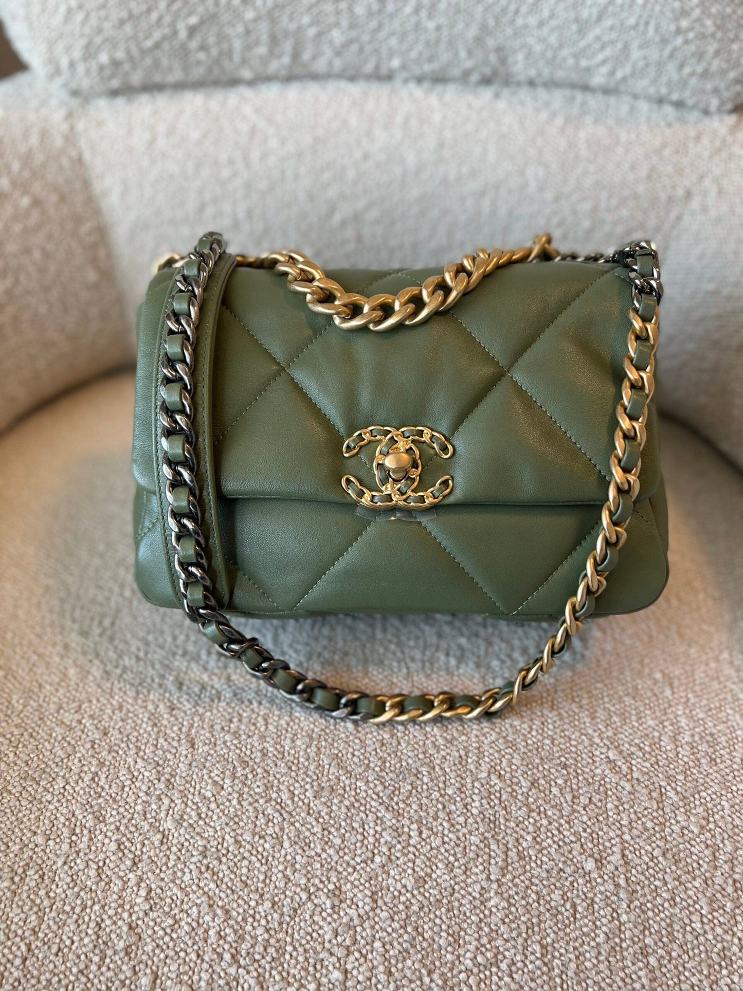 21B Military Green Lambskin Quilted 19 Flap Small Mixed Hardware