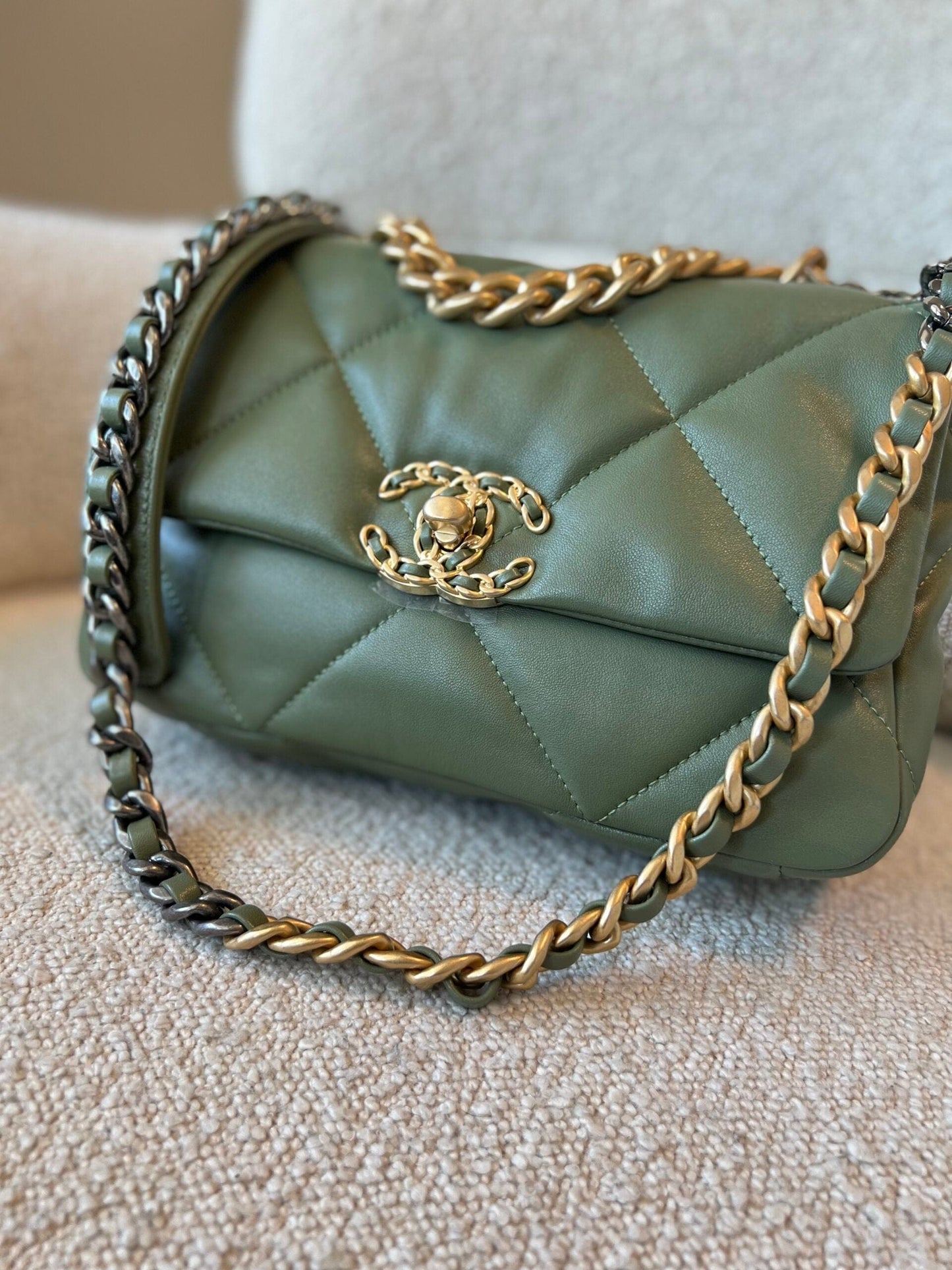 21B Military Green Lambskin Quilted 19 Flap Small Mixed Hardware