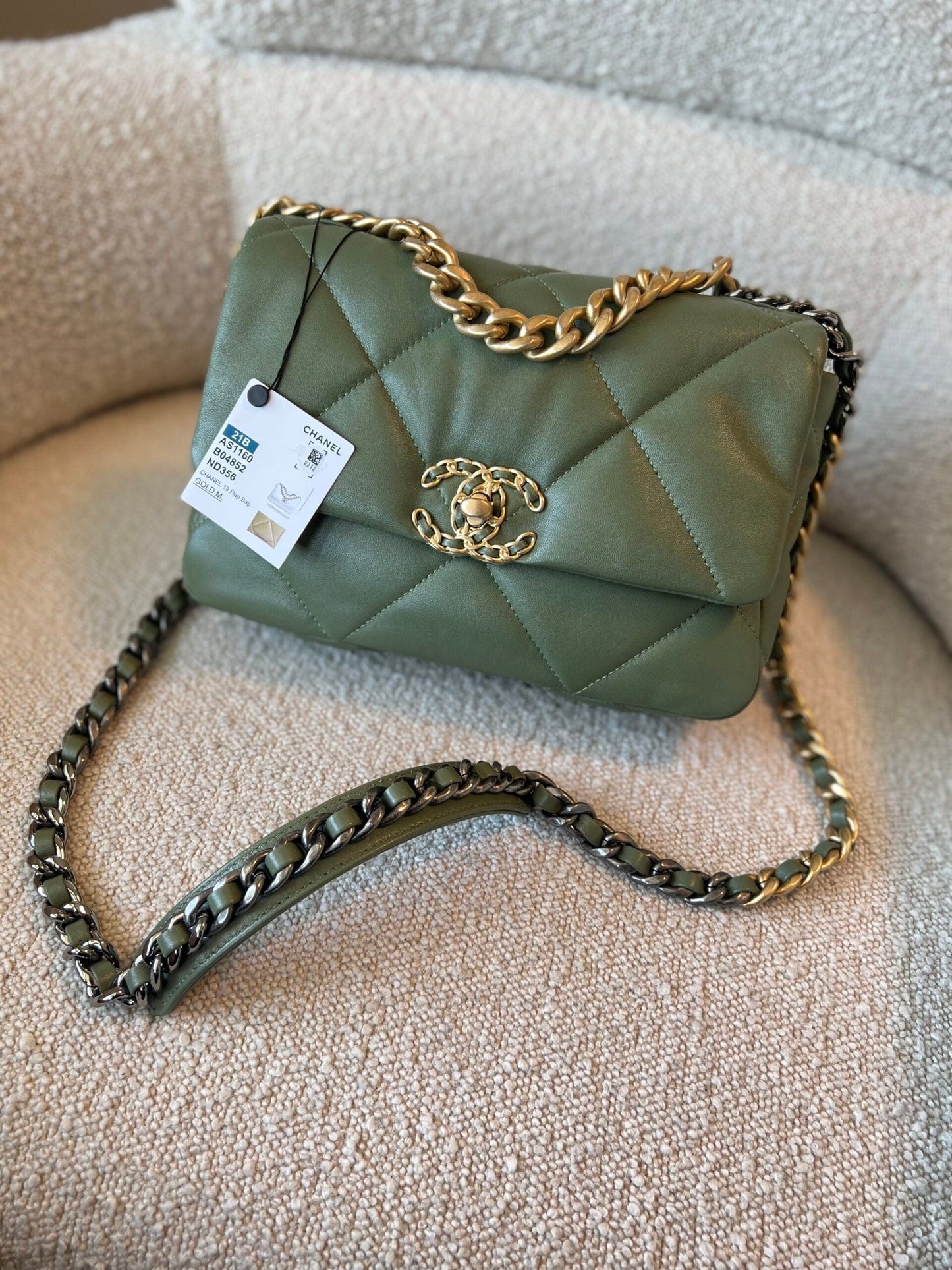 21B Military Green Lambskin Quilted 19 Flap Small Mixed Hardware