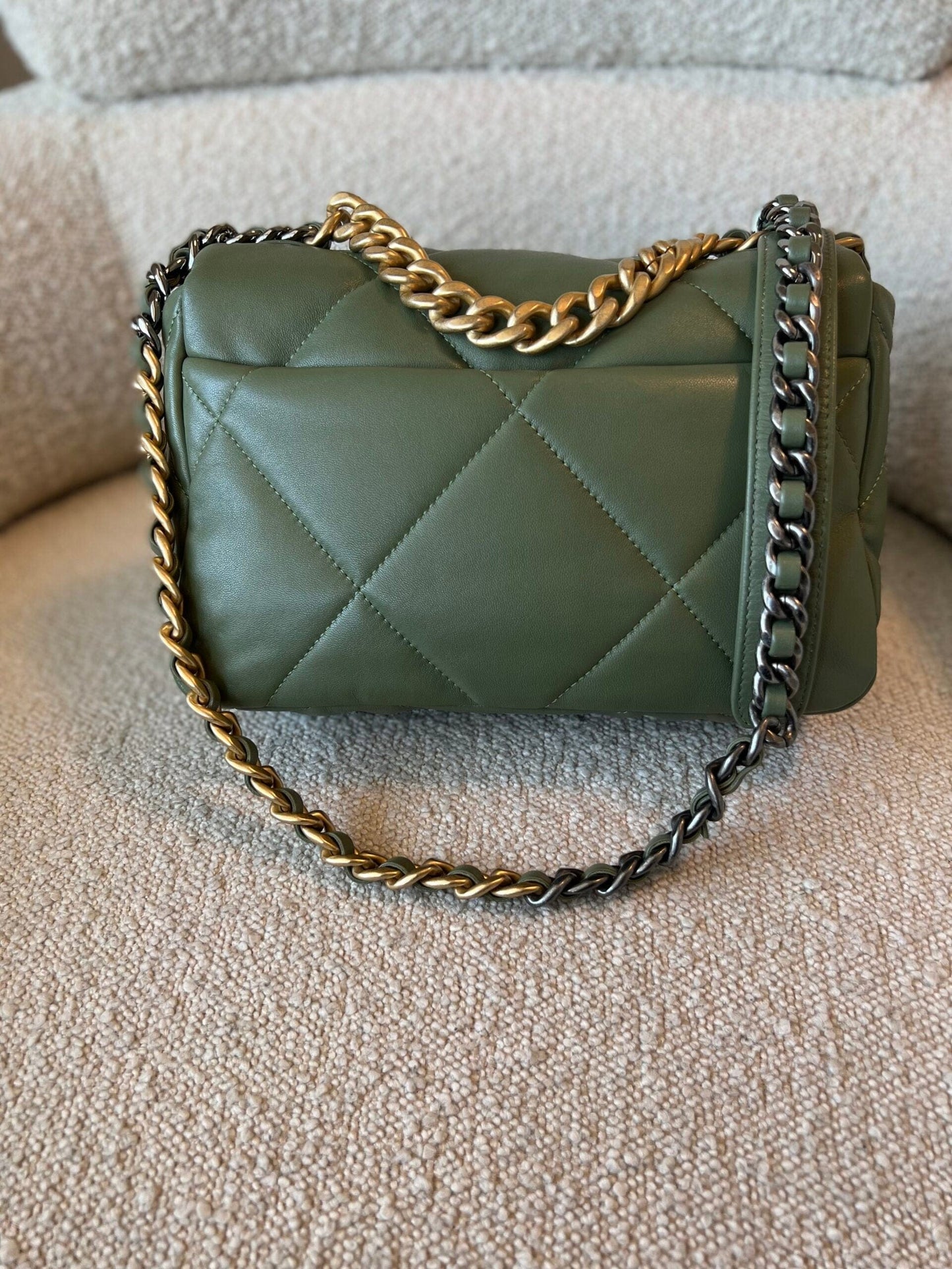 21B Military Green Lambskin Quilted 19 Flap Small Mixed Hardware