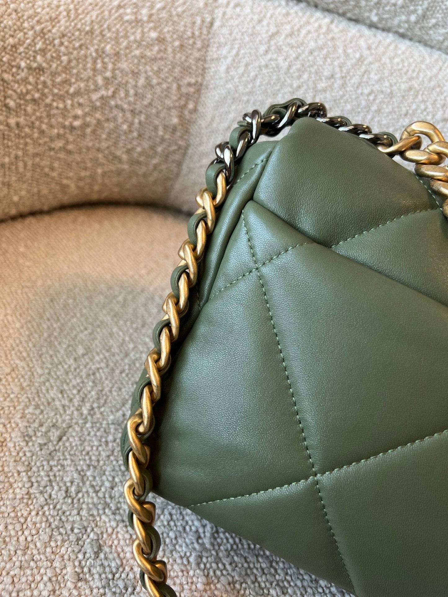 21B Military Green Lambskin Quilted 19 Flap Small Mixed Hardware