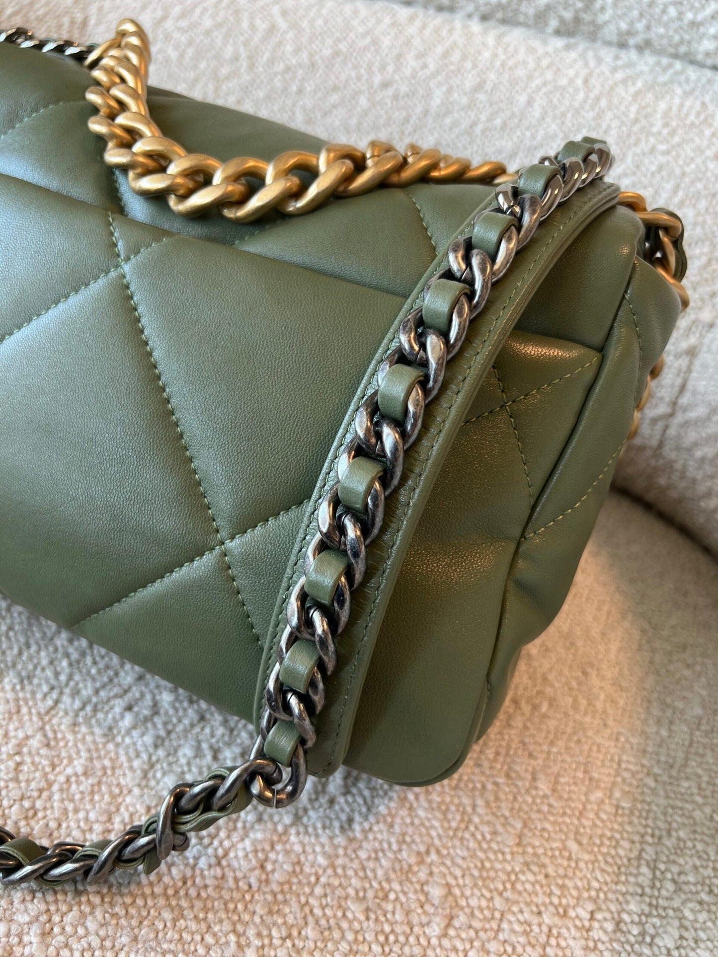 21B Military Green Lambskin Quilted 19 Flap Small Mixed Hardware