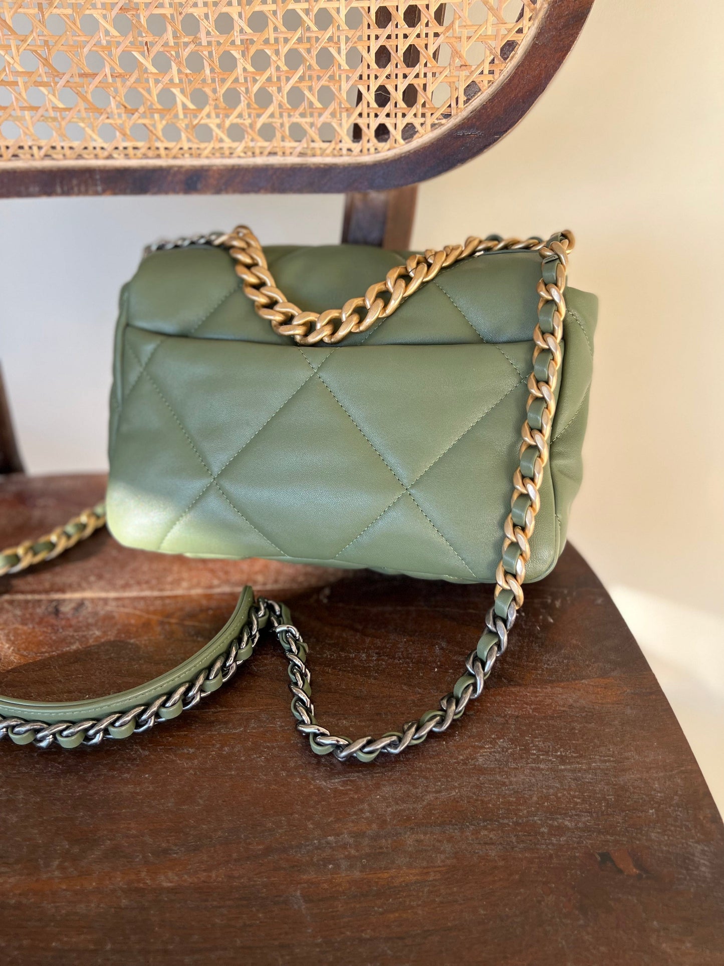 21B Military Green Lambskin Quilted 19 Flap Small Mixed Hardware