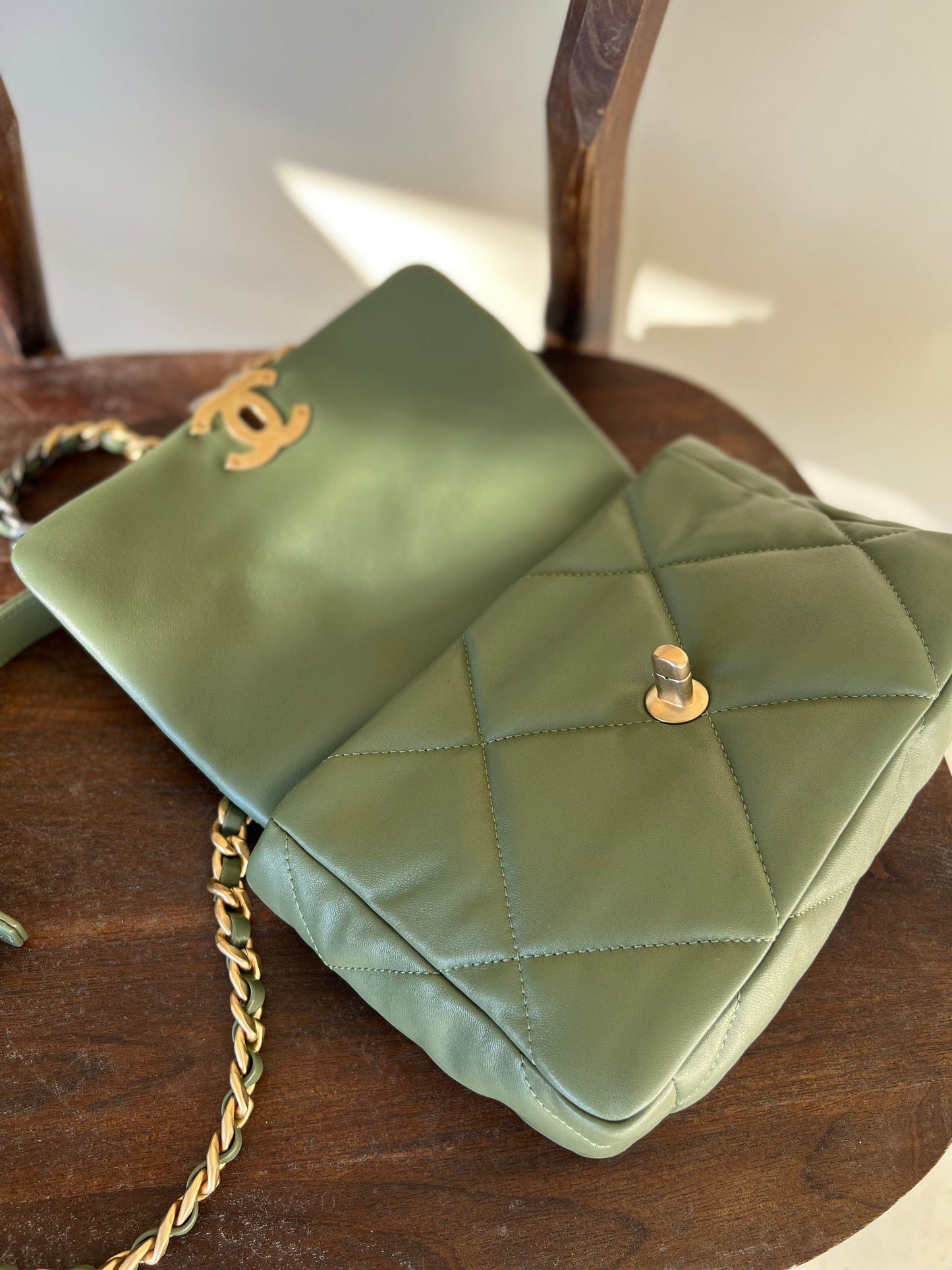 21B Military Green Lambskin Quilted 19 Flap Small Mixed Hardware