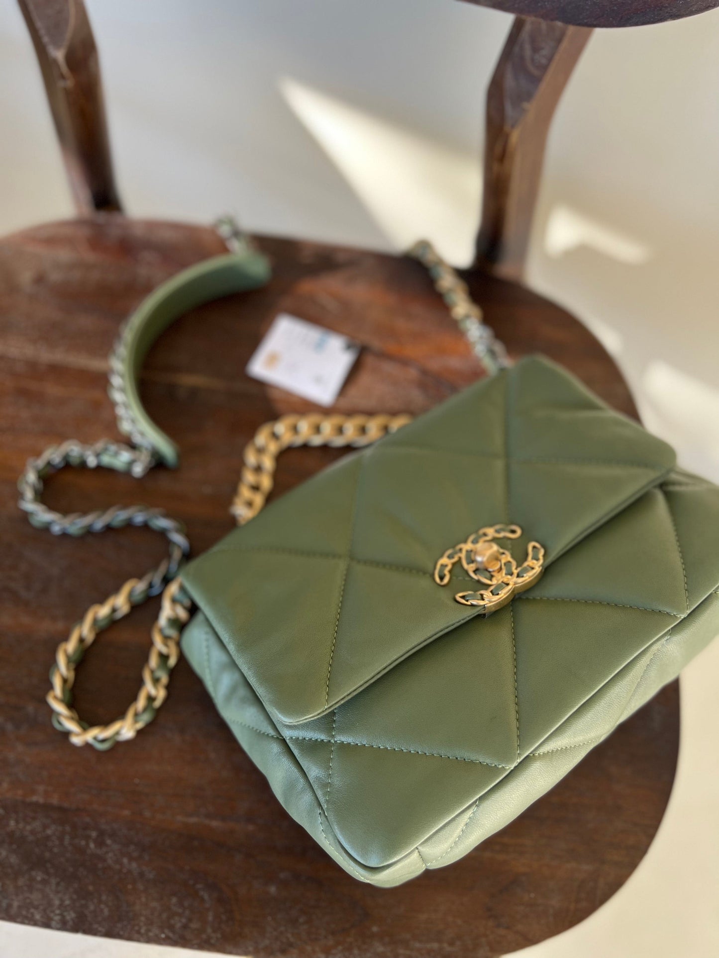 21B Military Green Lambskin Quilted 19 Flap Small Mixed Hardware