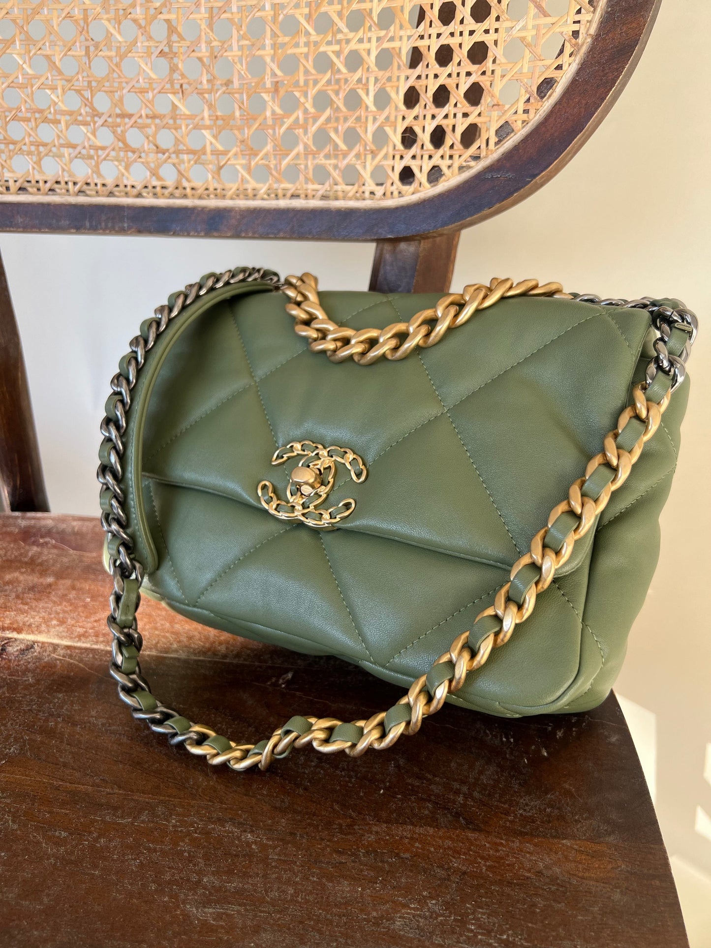 21B Military Green Lambskin Quilted 19 Flap Small Mixed Hardware