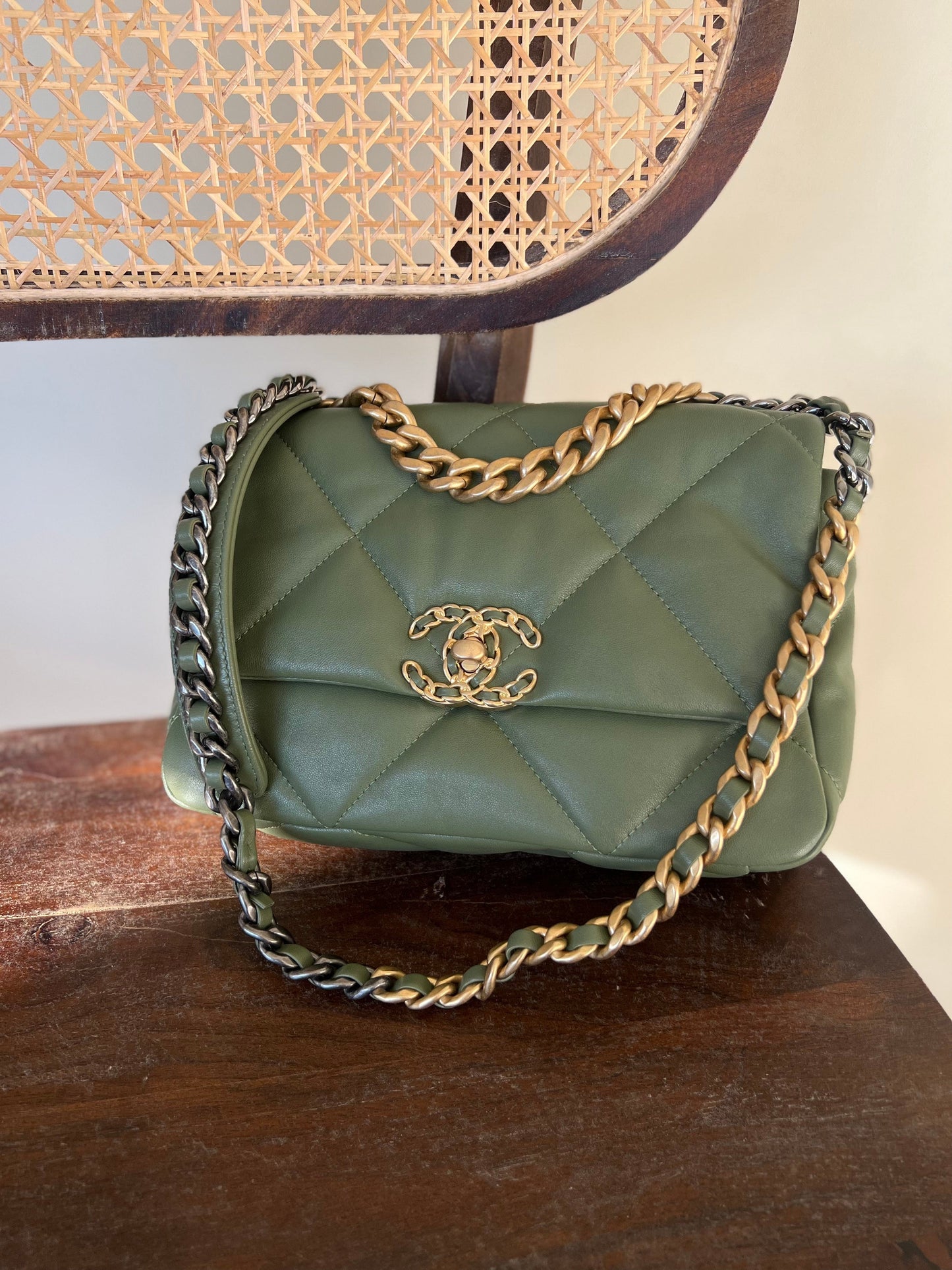 21B Military Green Lambskin Quilted 19 Flap Small Mixed Hardware