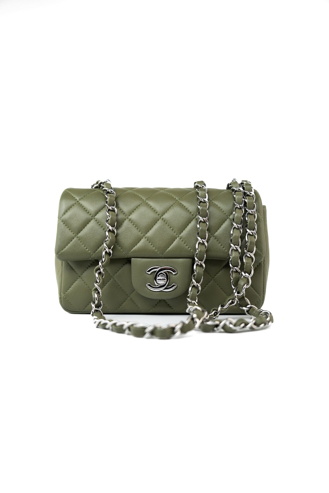 21B Military Green Lambskin Quilted Mini Rectangular Single Silver Hardware