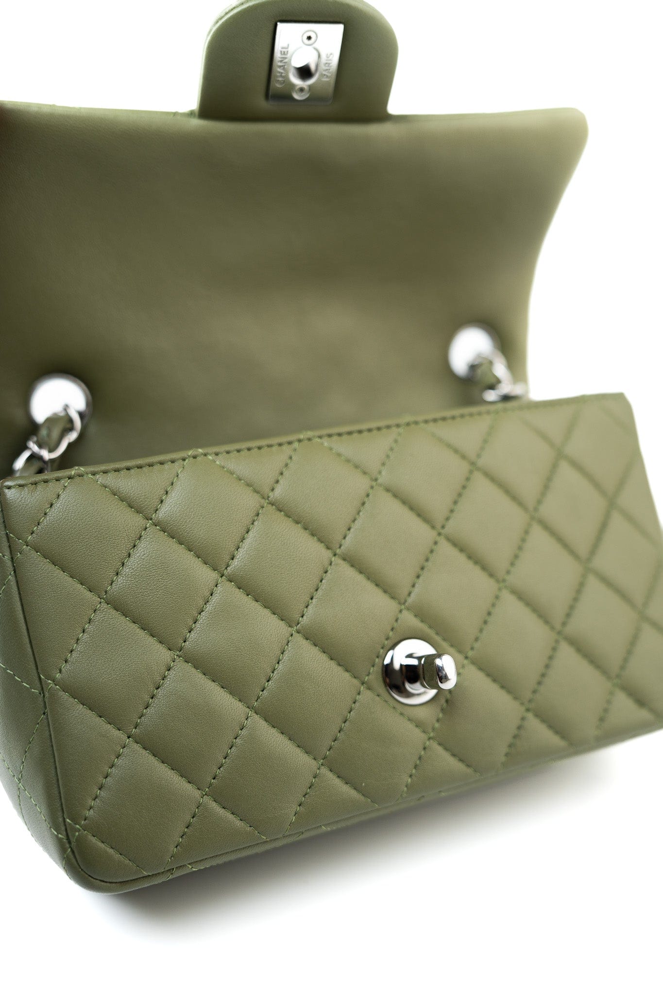 21B Military Green Lambskin Quilted Mini Rectangular Single Silver Hardware