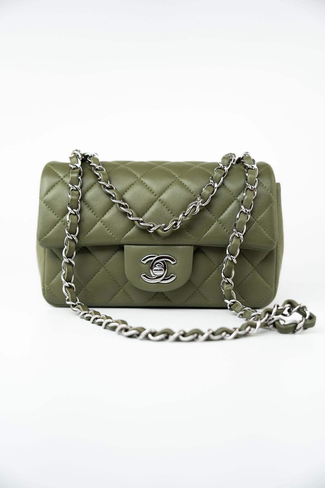 21B Military Green Lambskin Quilted Mini Rectangular Single Silver Hardware