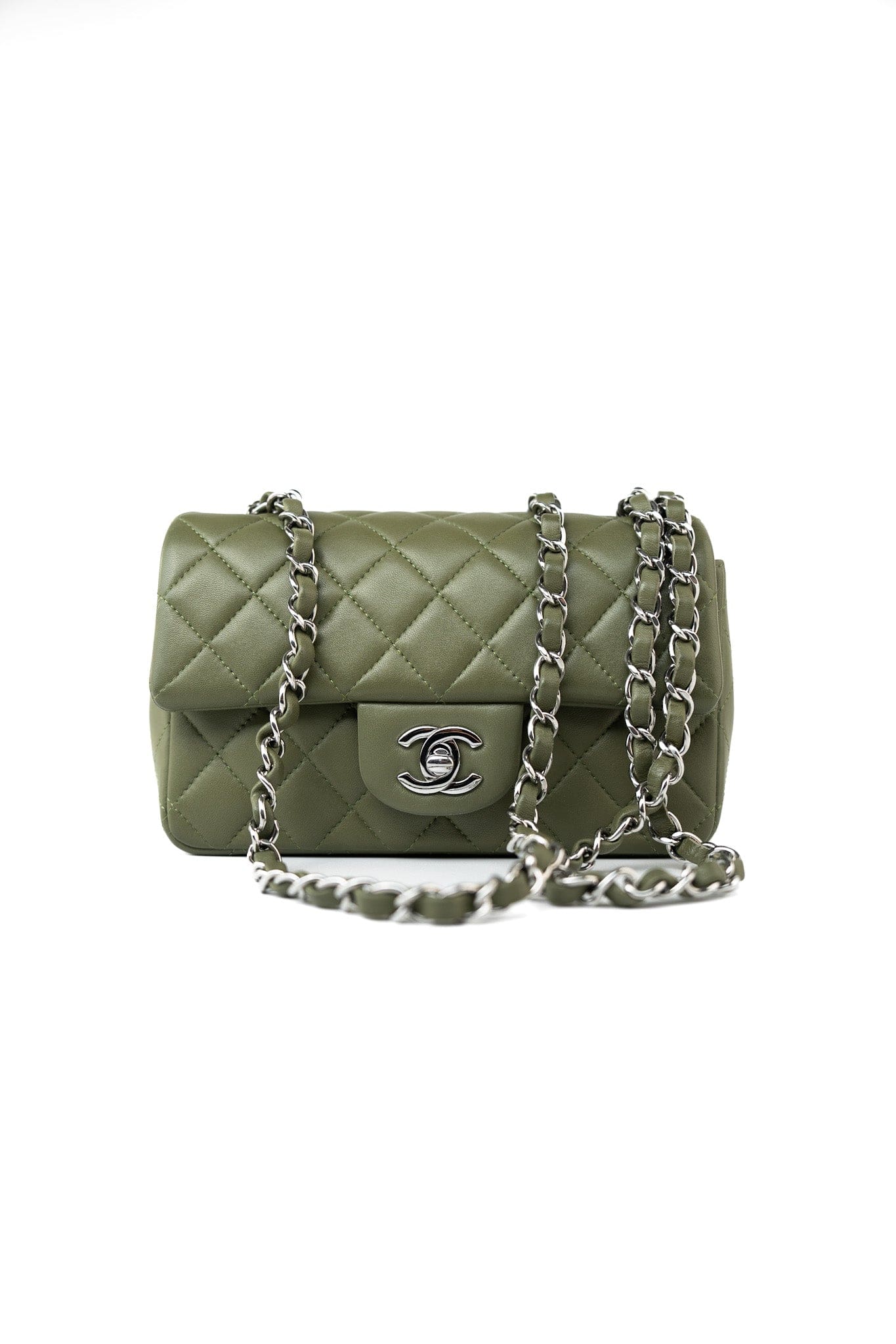 21B Military Green Lambskin Quilted Mini Rectangular Single Silver Hardware