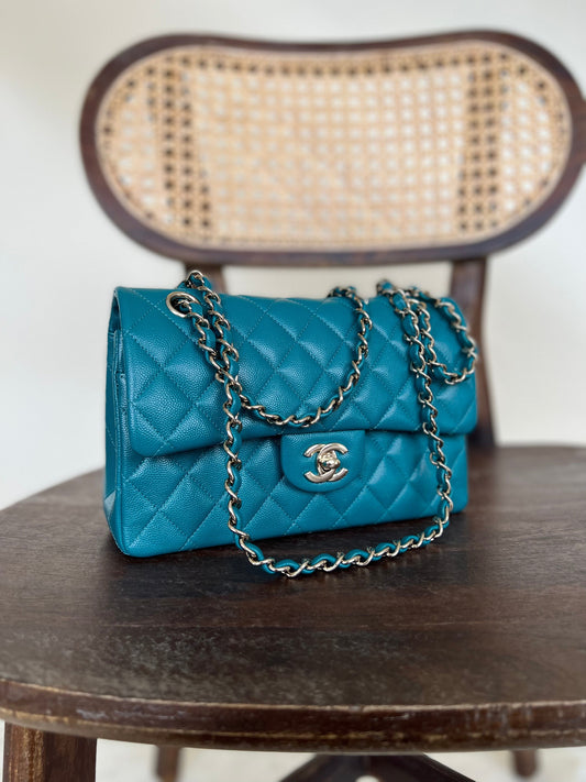 21C Dark Teal Caviar Quilted Classic Double Flap Small Light Gold Hardware
