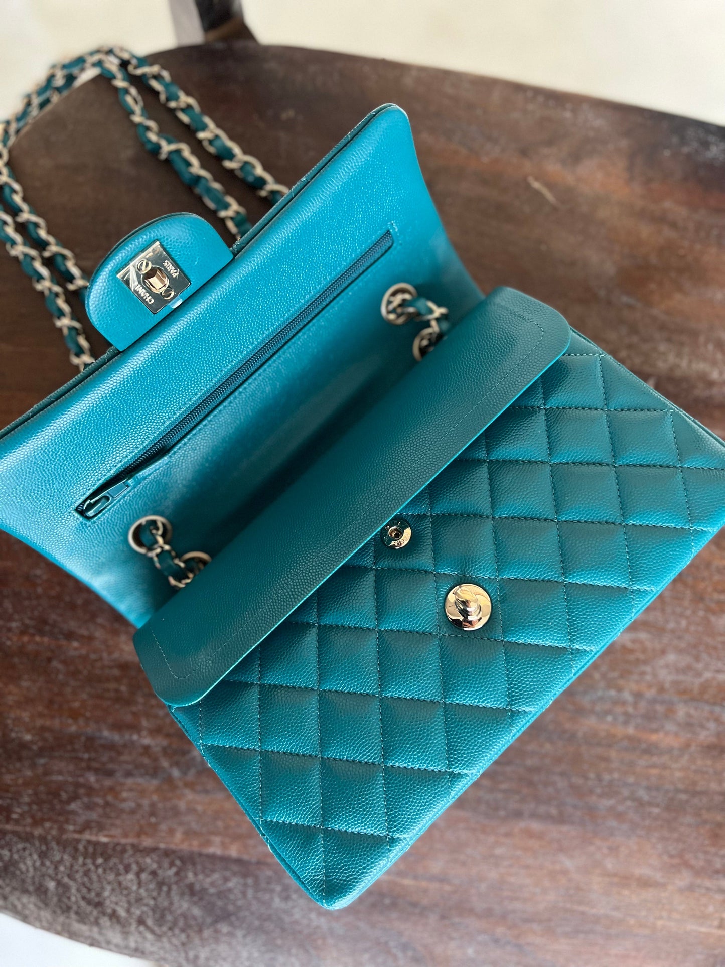 21C Dark Teal Caviar Quilted Classic Double Flap Small Light Gold Hardware