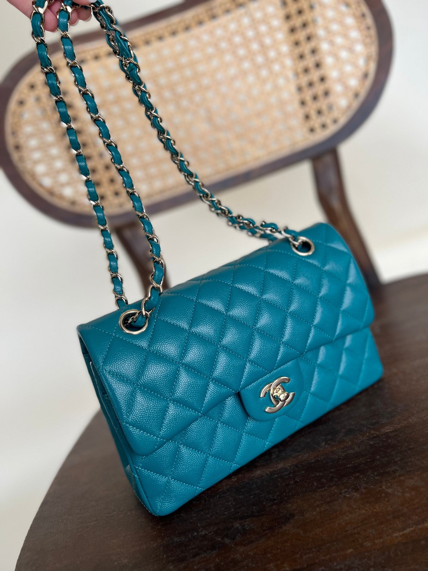 21C Dark Teal Caviar Quilted Classic Double Flap Small Light Gold Hardware