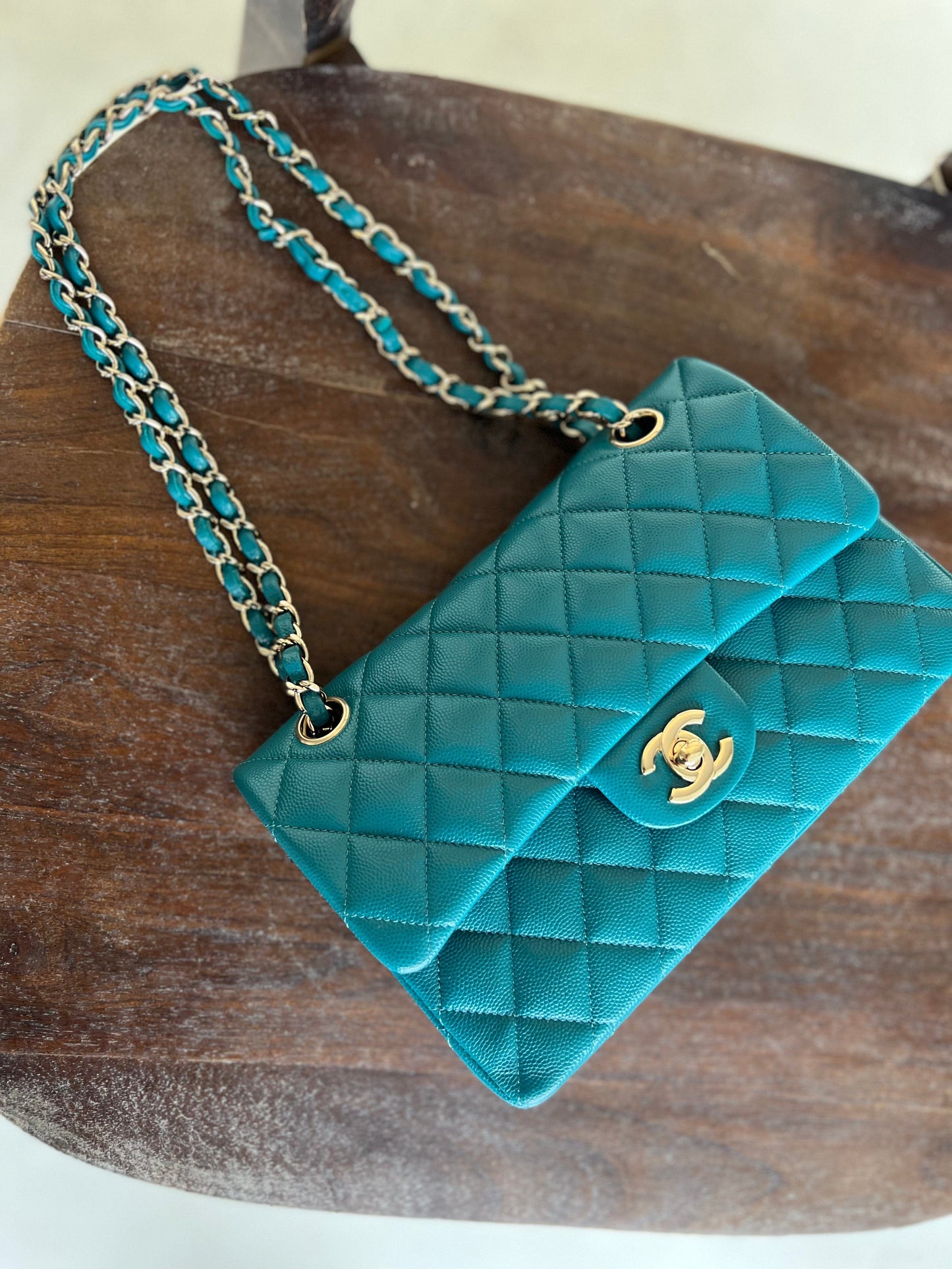 21C Dark Teal Caviar Quilted Classic Double Flap Small Light Gold Hardware