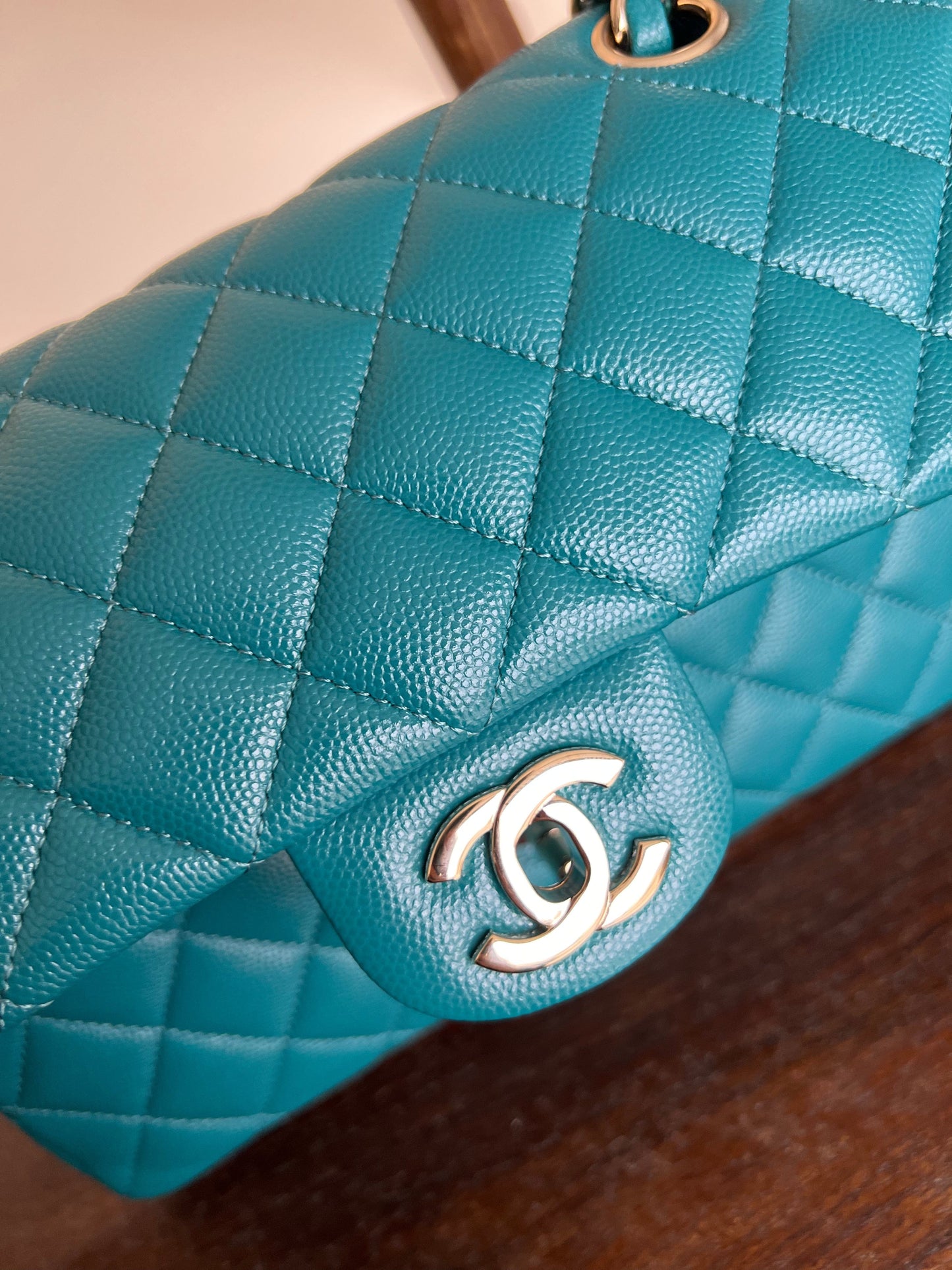 21C Dark Teal Caviar Quilted Classic Double Flap Small Light Gold Hardware