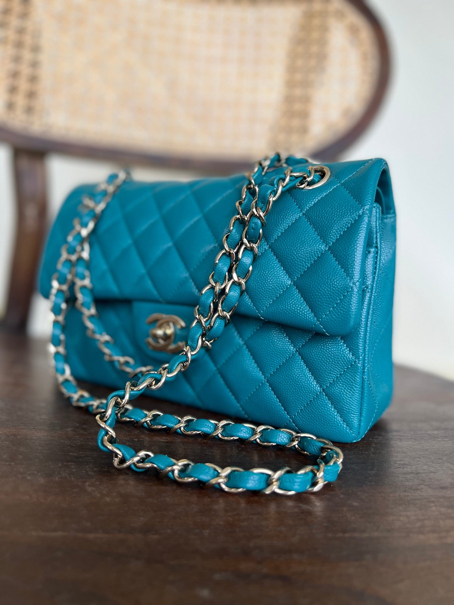21C Dark Teal Caviar Quilted Classic Double Flap Small Light Gold Hardware