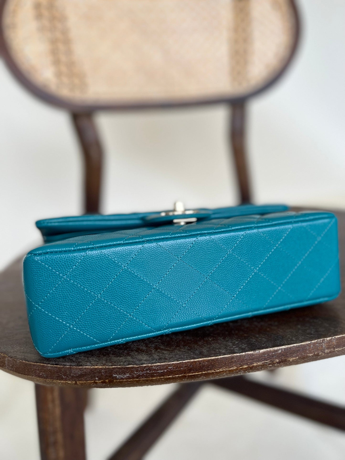 21C Dark Teal Caviar Quilted Classic Double Flap Small Light Gold Hardware