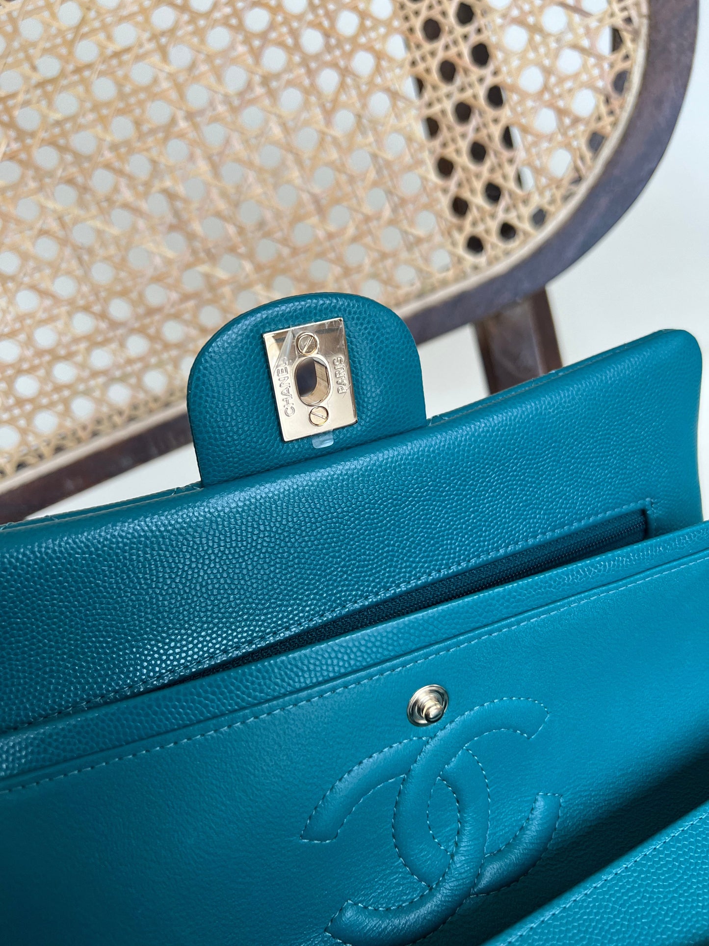 21C Dark Teal Caviar Quilted Classic Double Flap Small Light Gold Hardware