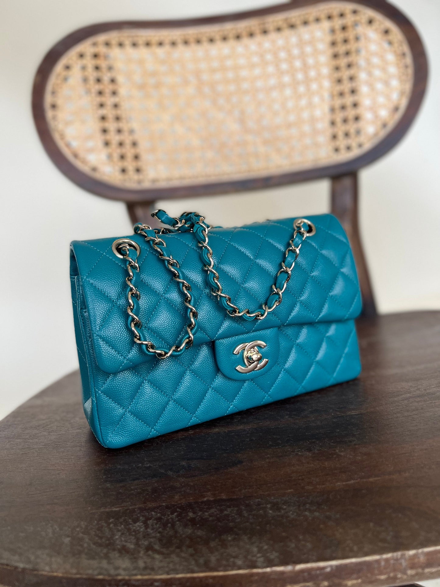 21C Dark Teal Caviar Quilted Classic Double Flap Small Light Gold Hardware