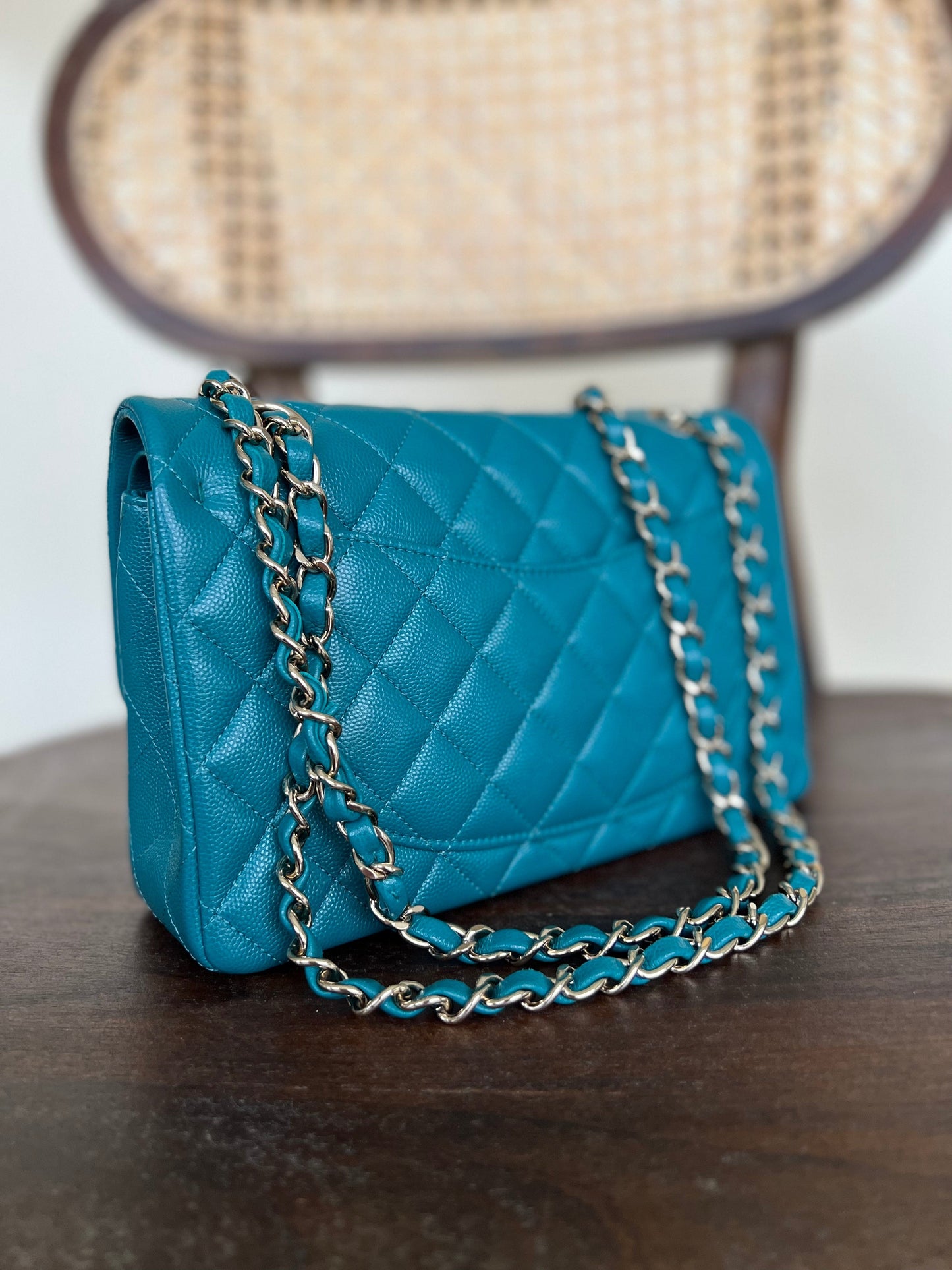 21C Dark Teal Caviar Quilted Classic Double Flap Small Light Gold Hardware