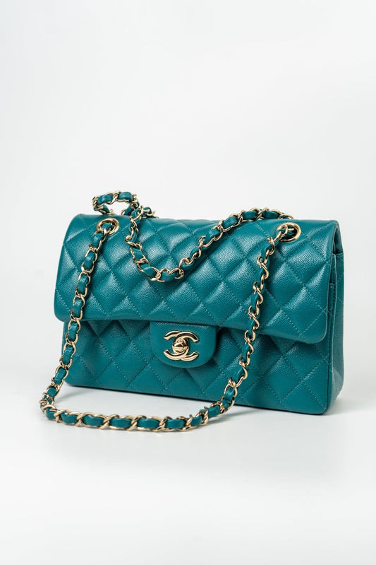 21C Dark Teal Caviar Quilted Classic Double Flap Small Light Gold Hardware