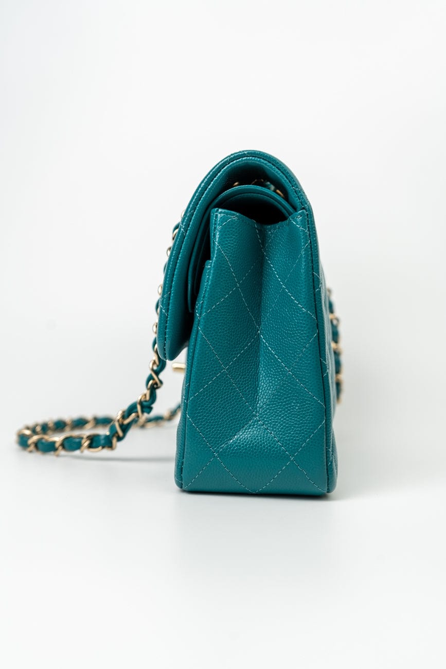 21C Dark Teal Caviar Quilted Classic Double Flap Small Light Gold Hardware