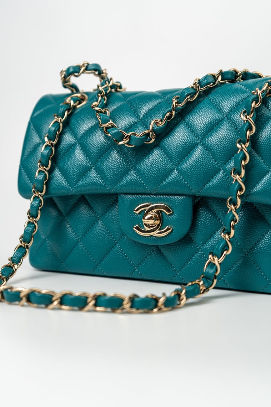 21C Dark Teal Caviar Quilted Classic Double Flap Small Light Gold Hardware