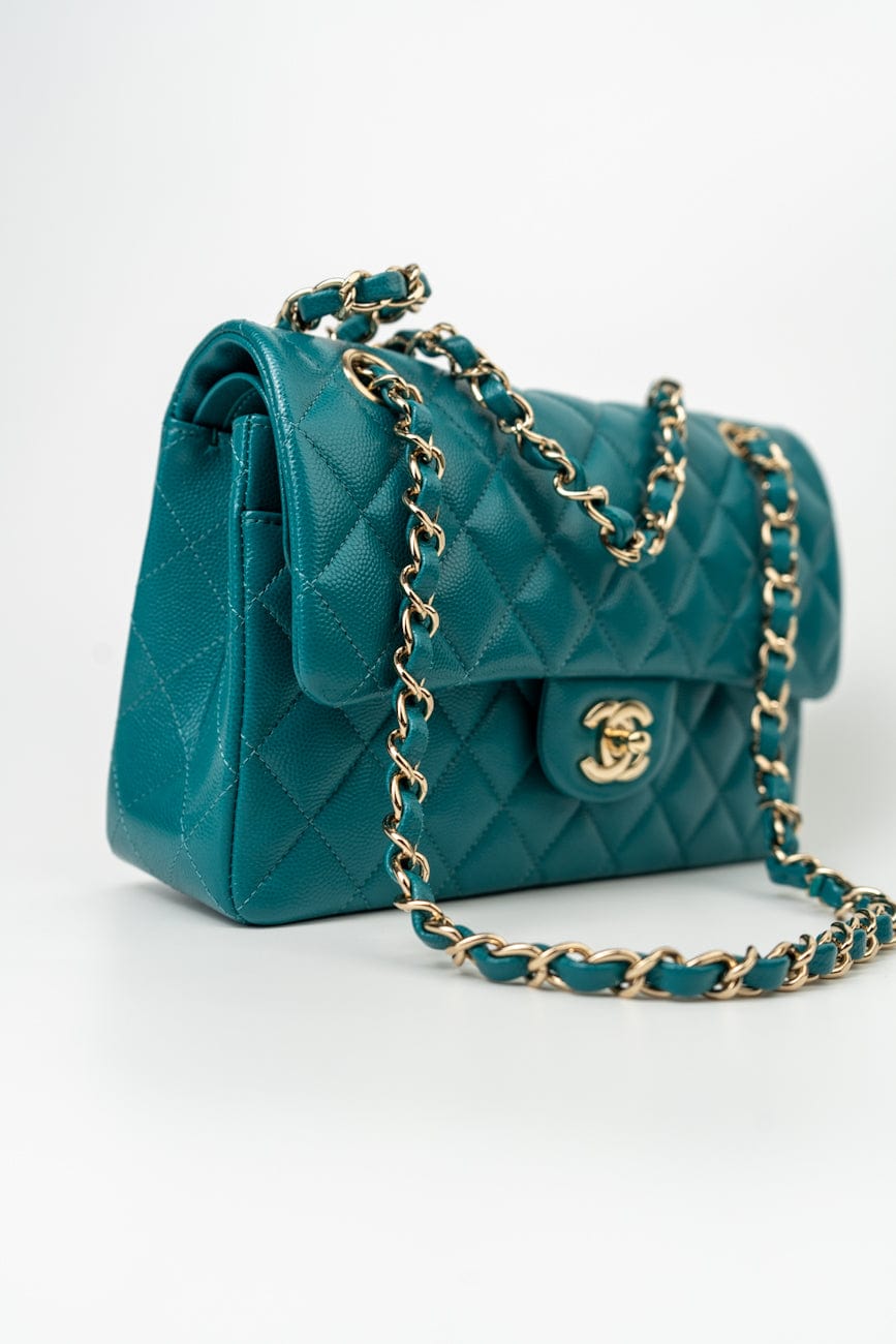 21C Dark Teal Caviar Quilted Classic Double Flap Small Light Gold Hardware