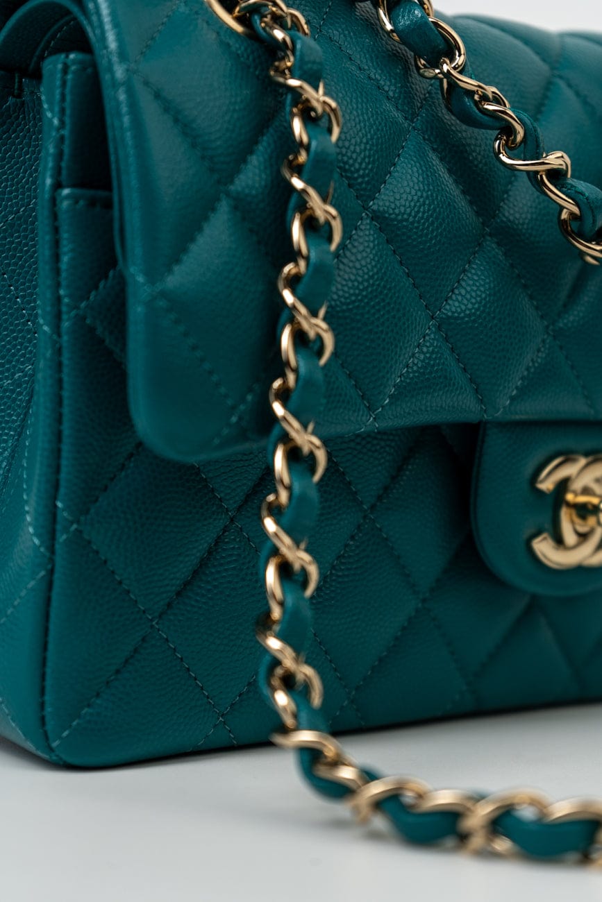 21C Dark Teal Caviar Quilted Classic Double Flap Small Light Gold Hardware