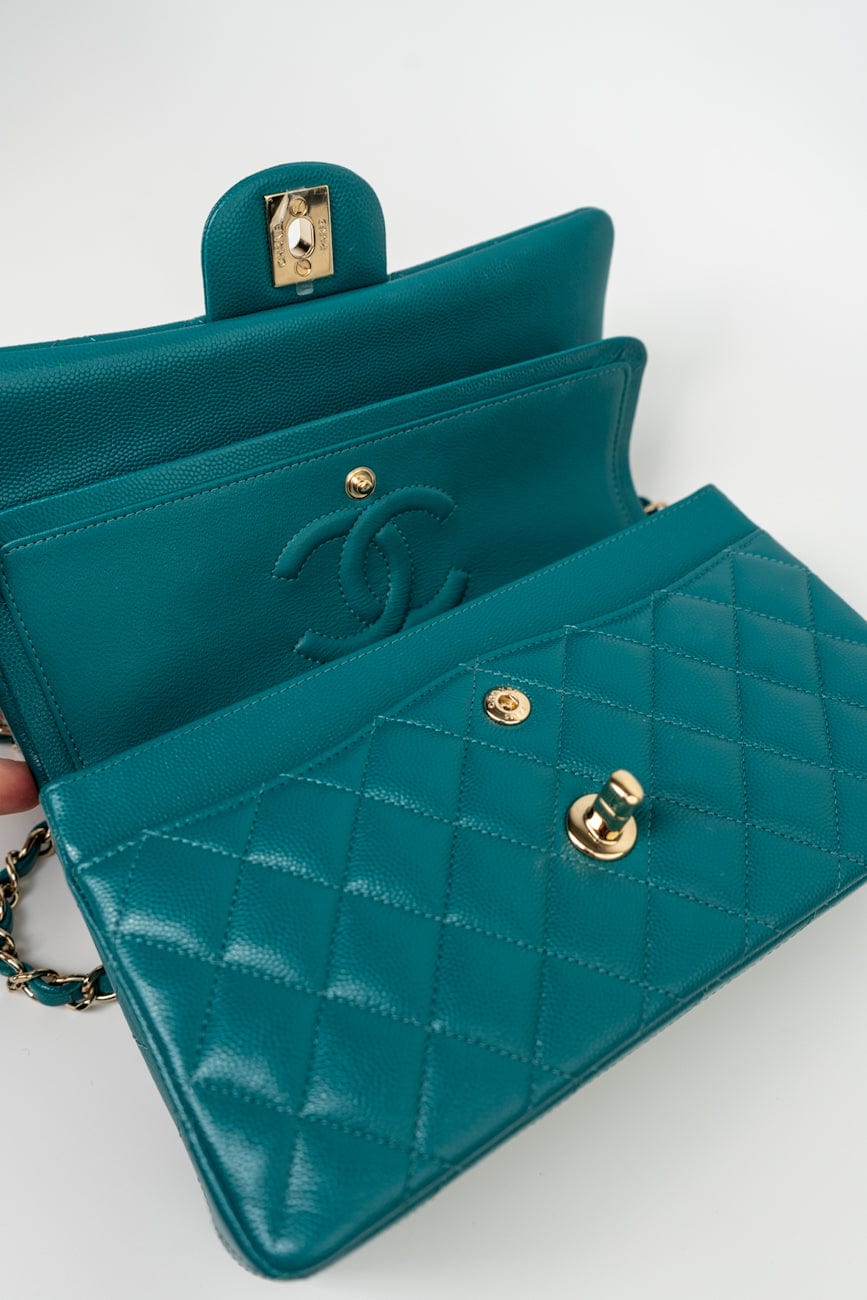 21C Dark Teal Caviar Quilted Classic Double Flap Small Light Gold Hardware