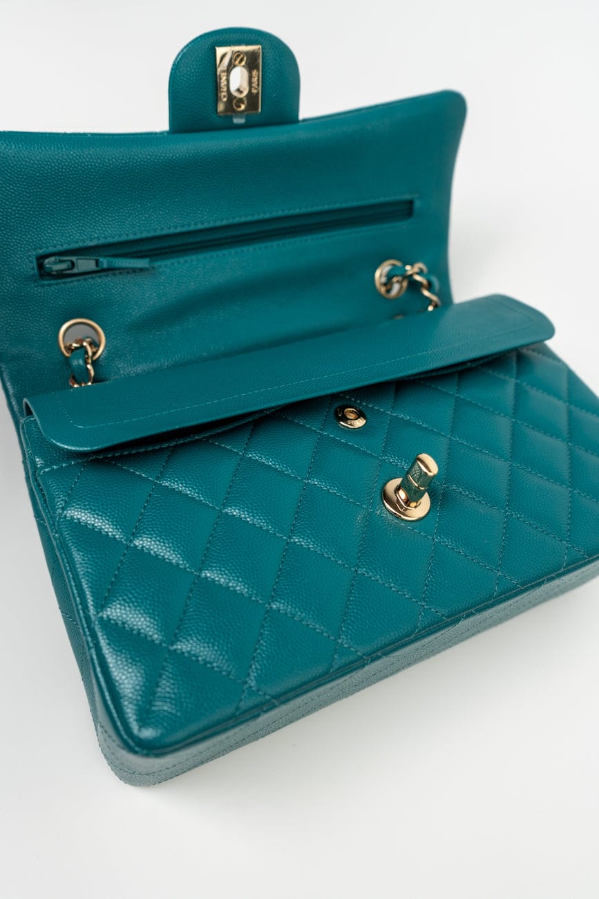 21C Dark Teal Caviar Quilted Classic Double Flap Small Light Gold Hardware