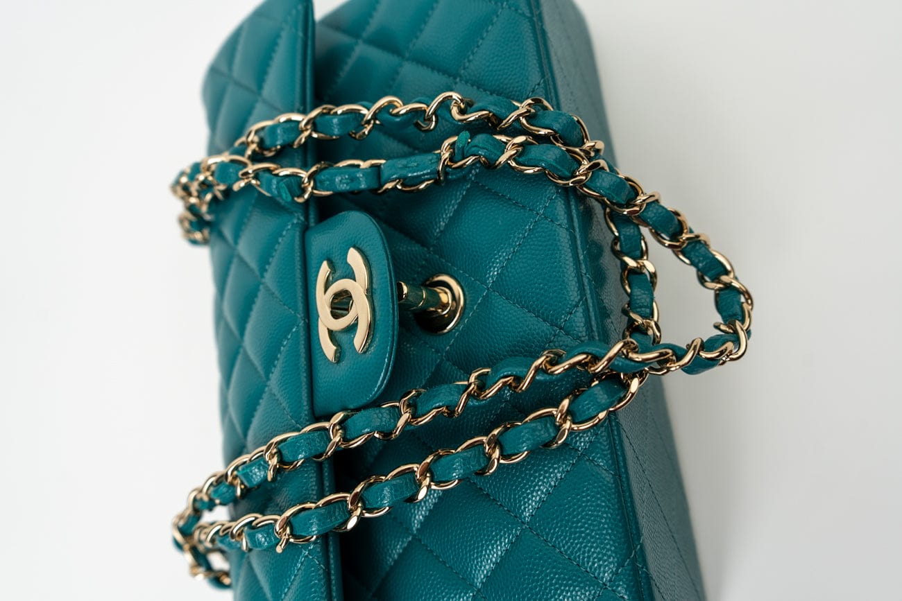 21C Dark Teal Caviar Quilted Classic Double Flap Small Light Gold Hardware