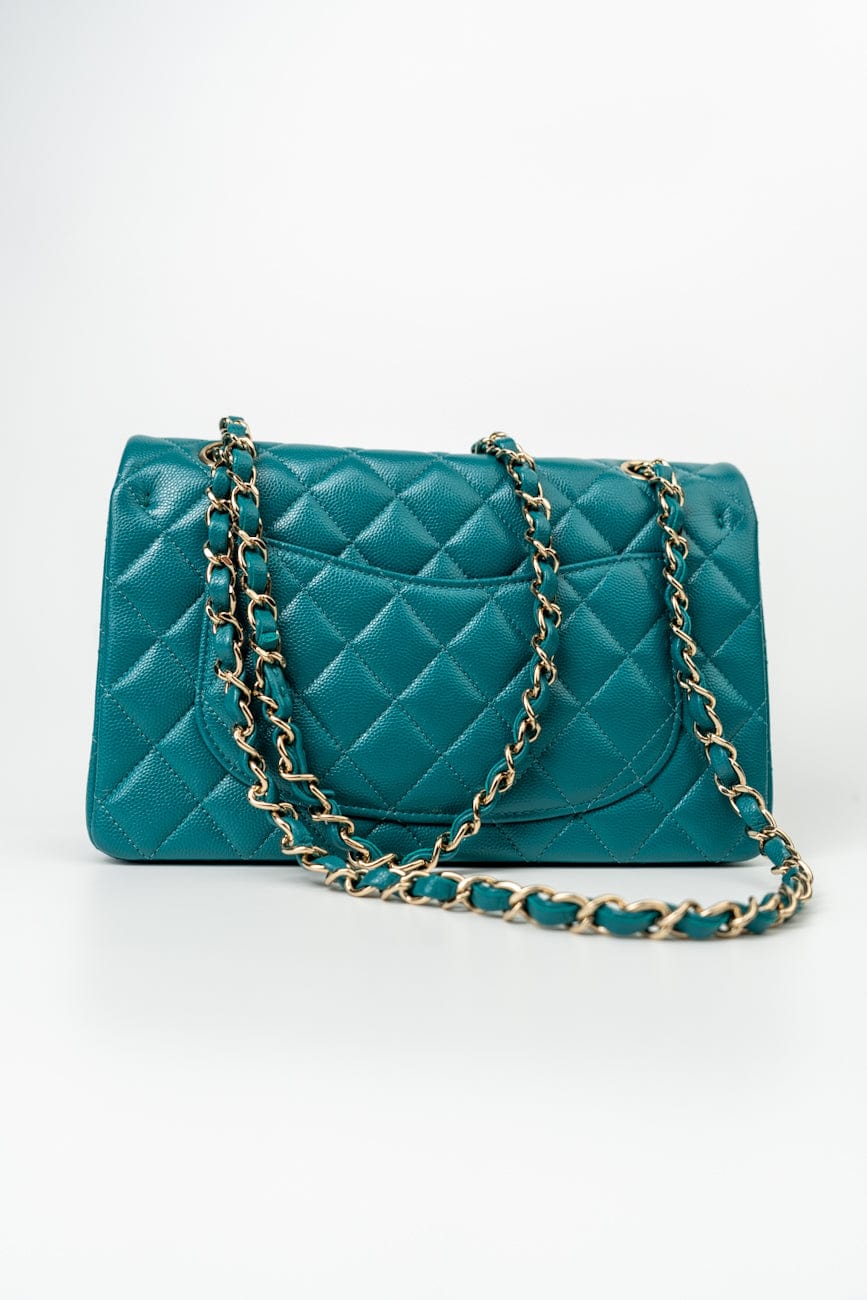 21C Dark Teal Caviar Quilted Classic Double Flap Small Light Gold Hardware