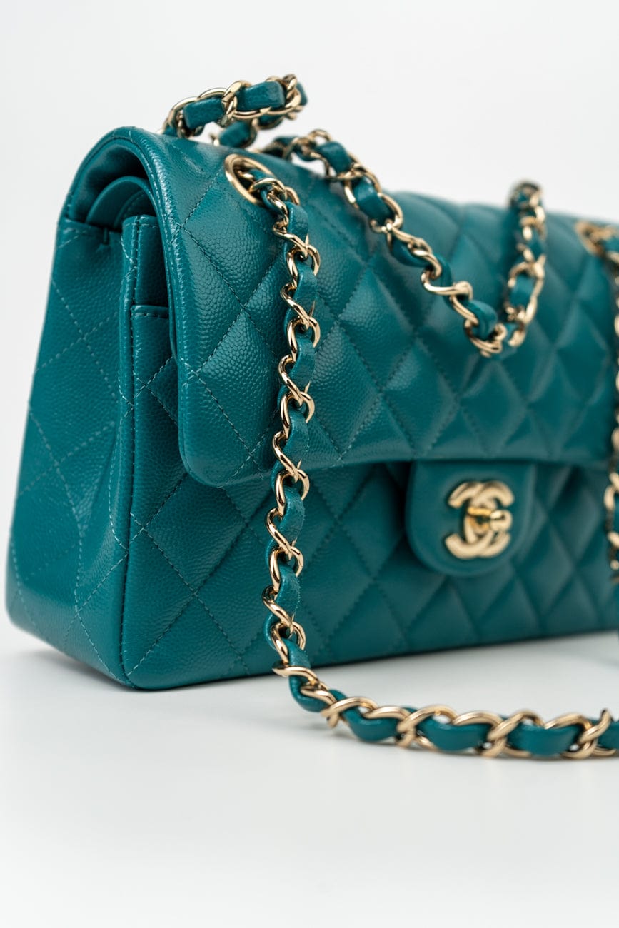 21C Dark Teal Caviar Quilted Classic Double Flap Small Light Gold Hardware