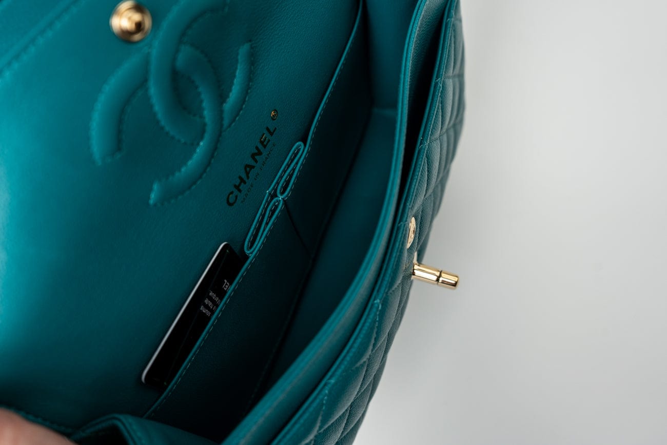 21C Dark Teal Caviar Quilted Classic Double Flap Small Light Gold Hardware