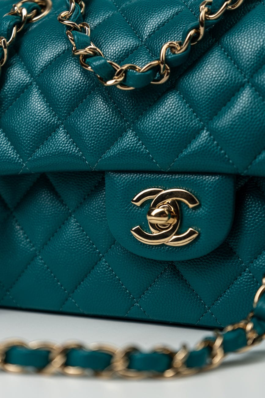 21C Dark Teal Caviar Quilted Classic Double Flap Small Light Gold Hardware