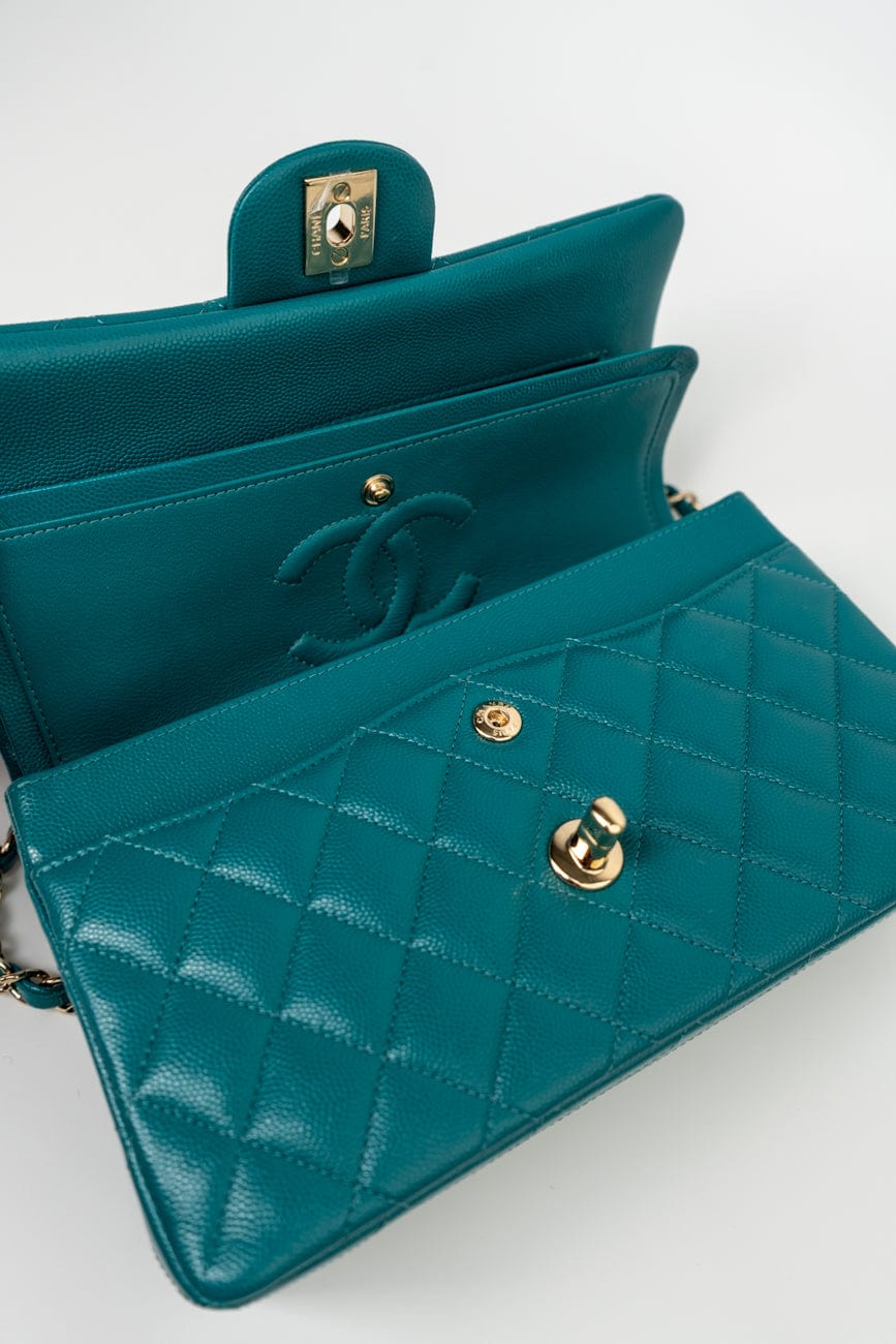 21C Dark Teal Caviar Quilted Classic Double Flap Small Light Gold Hardware