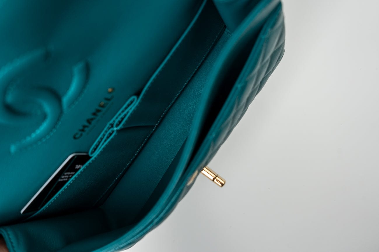 21C Dark Teal Caviar Quilted Classic Double Flap Small Light Gold Hardware