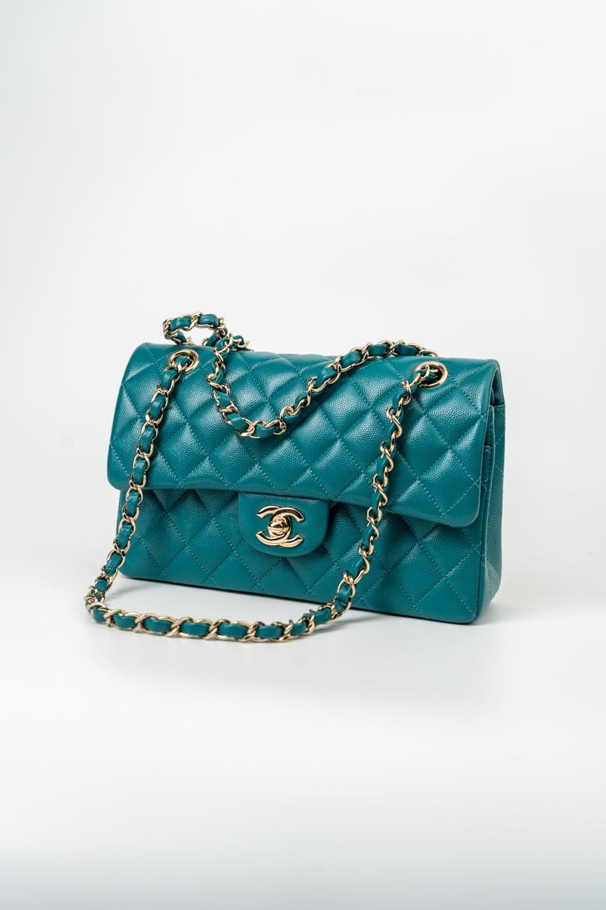 21C Dark Teal Caviar Quilted Classic Double Flap Small Light Gold Hardware