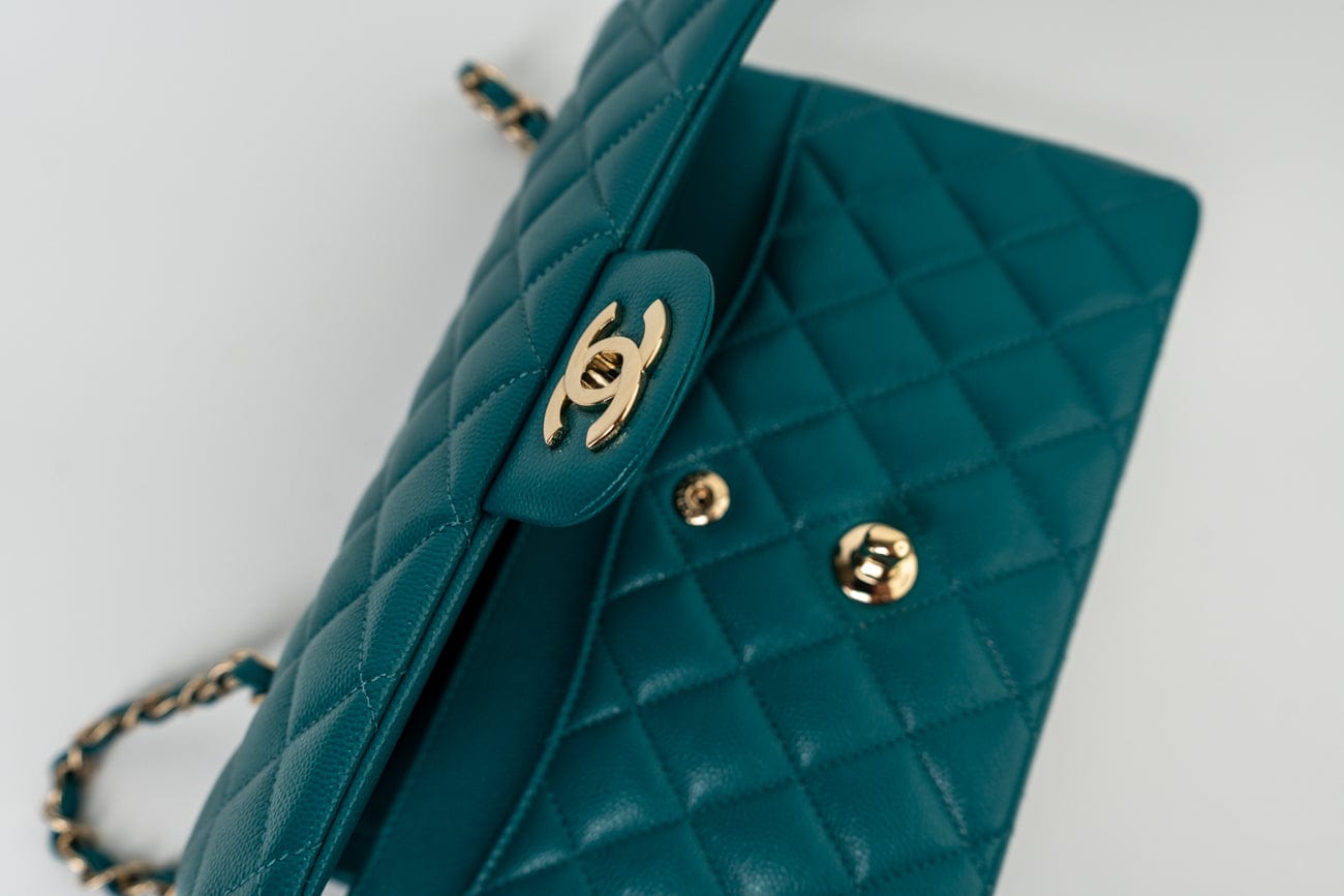 21C Dark Teal Caviar Quilted Classic Double Flap Small Light Gold Hardware